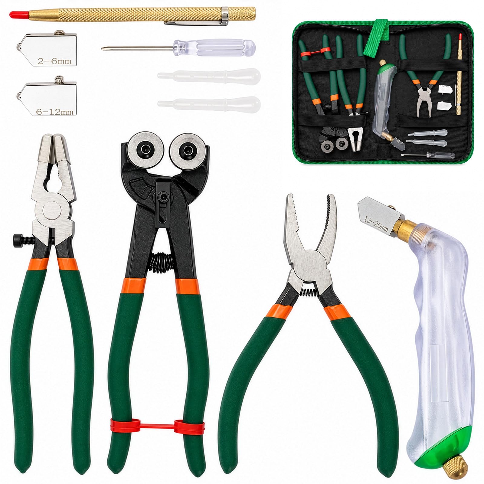 SUNNYNEST Glass Cutting Tool Kit Include Glass Running Pliers, Breaker Grozer Pliers, Mosaic Nippers with Replacement Wheel, Pistol Grip Glass Cutter Set Leather Zipper Bag
