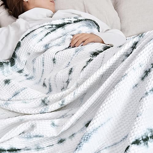 Miniatura 24 de PHF Manta de algodón prelavado con tejido de gofre tamaño throw para sofá cama, a prueba de enganches, para primavera y verano, ligera