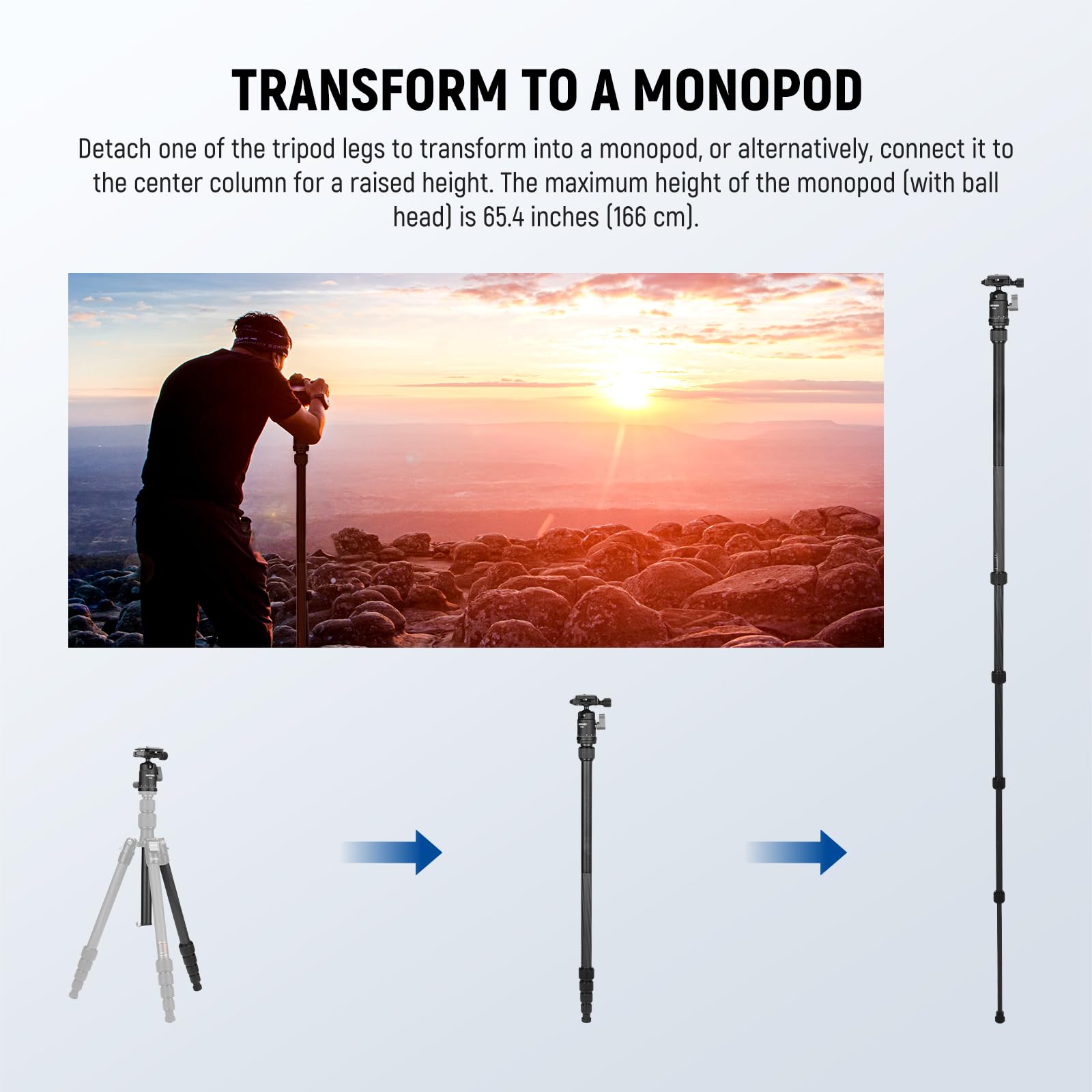 NEEWER Monopod statywu do aparatu z włókna węglowego, 165 cm, lekki, kompaktowy, przenośny, podróżny, głowica kulowa 360°, antypoślizgowa płyta QR, odwrócona oś centralna, dwustronne nogi, maksymalne
