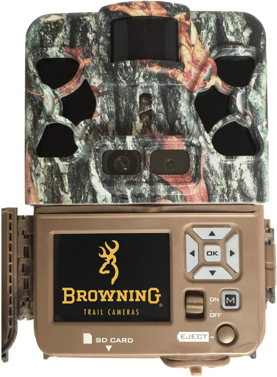 Browning Patriot Trail Camera, front view, open, revealing the internal screen and control panel.