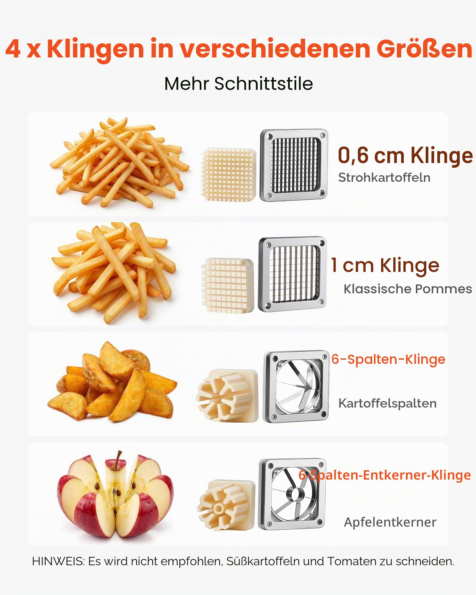 VEVOR Pommes-Frites-Schneider, Kartoffelschneider, Pommesschneider, Frittenschneider mit Ersatzklingen (1/4, 3/8 Zoll Klinge), Obstteiler & Apfelentkerner, Edelstahl 420J2, Wandmontage