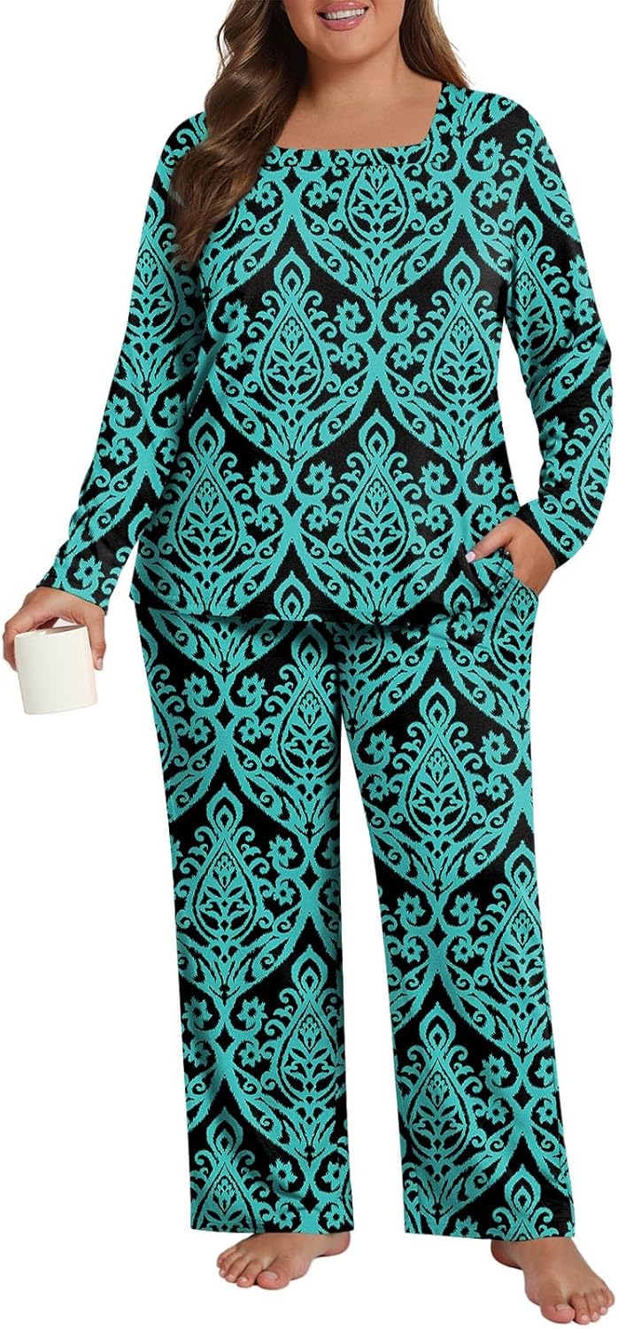 HOTGIFT Plus Size Womens Pajamas Set 2 Piece Pjs Loungewear Long Sleeve Sleepwear with Pockets Fall & Winter L-4XL