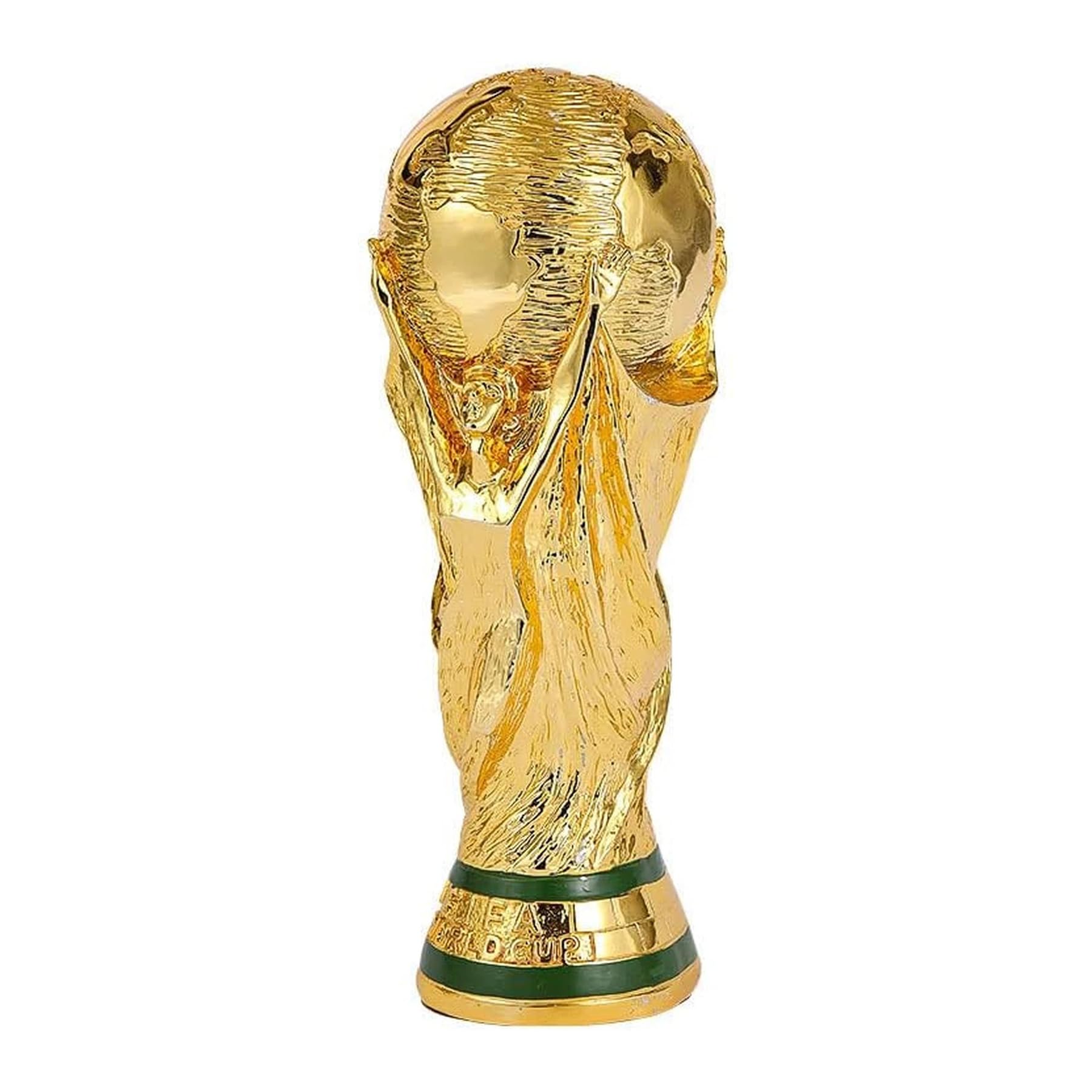Pokal der Weltmeisterschaft, Nachbildung aus vergoldetem Harz, 36,5 cm, historische Details von 1982-2022, glänzende Oberfläche mit grünem Sockel, Verpackung aus Polystyrol