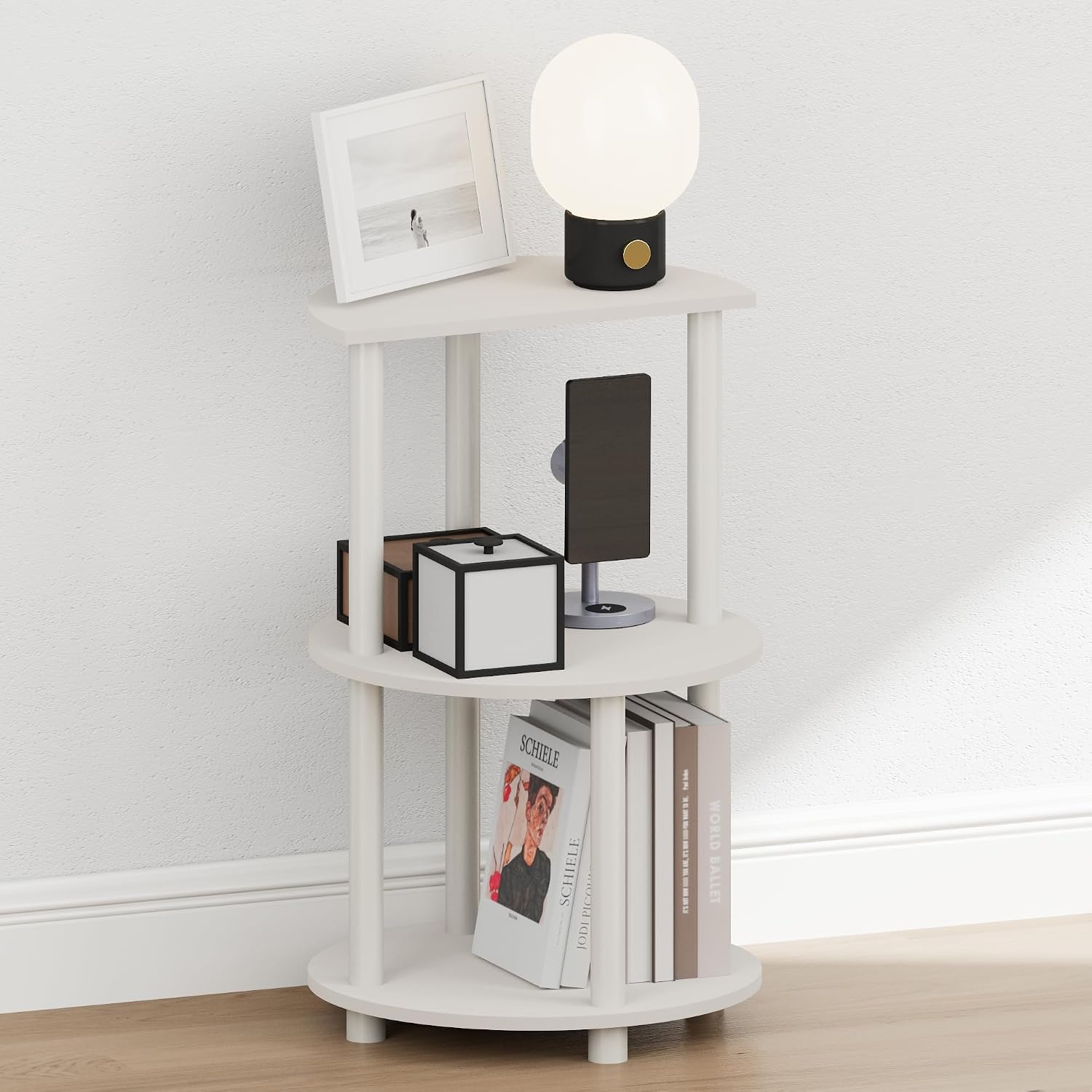 Furinno Turn-N-Tube Night Stand, 3-Tier Round Nightstand, Half Round Table Top Bedside Table, Toolless Side Table, End Table with Open Shelf, for Bedroom, Living Room, White