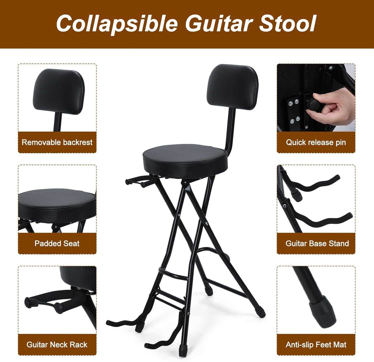 Foldable Guitar Stool with Built-in Stand, Padded Seat & Backrest, Heavy-Duty Metal Frame Musician Chair with Footrest for Acoustic, Electric, Bass Guitars, Black Black