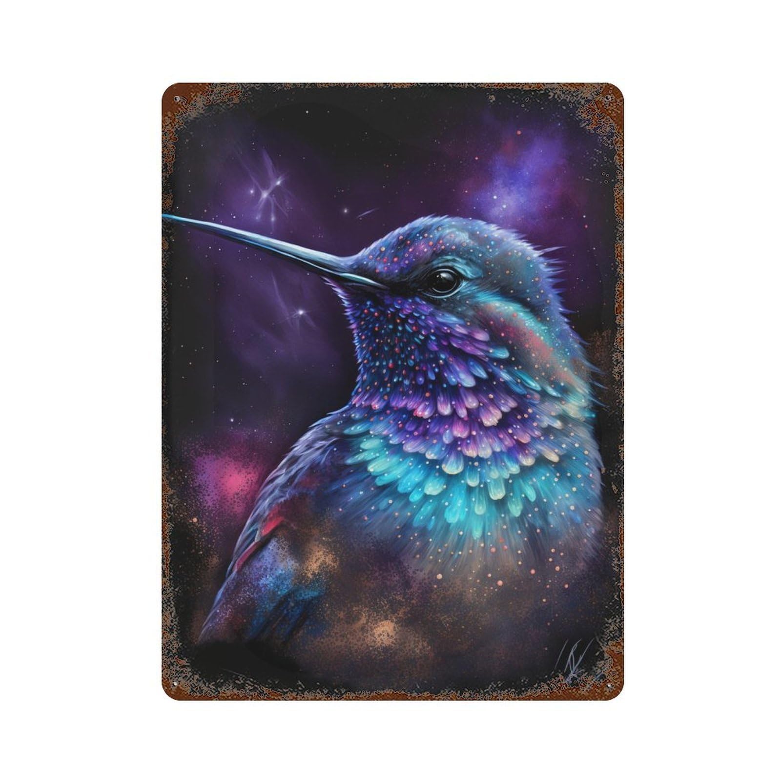 Rust Effect Cosmic Hummingbird Art Print-1 Rustic Tin Plaque 15.7"x11.8", Industrial Home Decor for Bistro, Counter And Cafe Decor