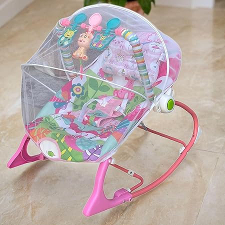 Safe-O-Kid Baby Rocker & Bouncer for 0 to 2 Years (Pink),one year warranty, Portable rocker for newborn with Extra soft Pillow, Mosquito net, Calming Music, Vibrations, Safety Harness, and Musical Toy, Multi-Position Reclining and Adjustable
