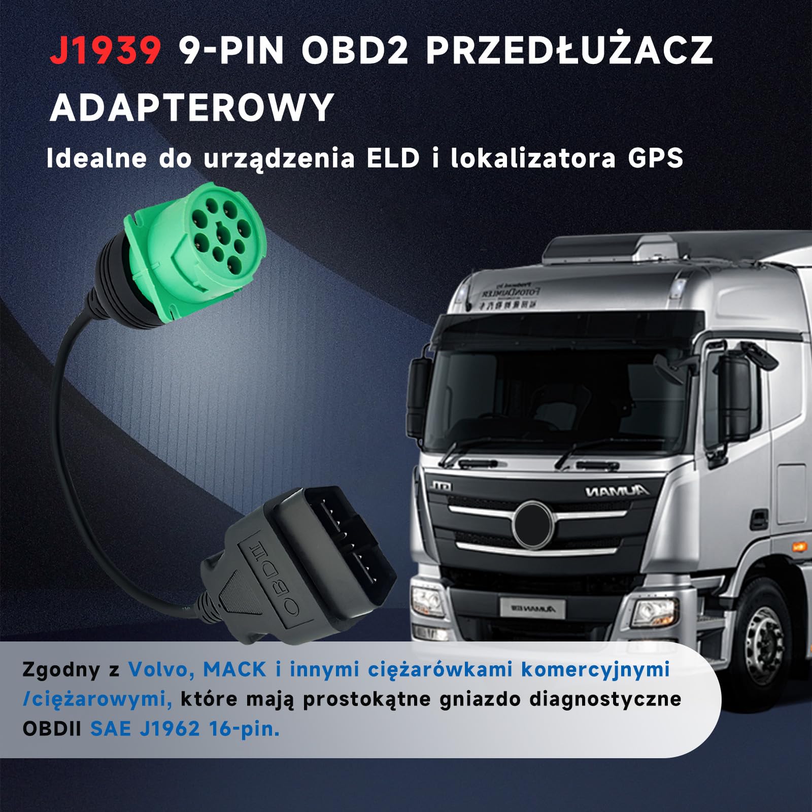 Przewód adapterowy OBD2 do J1939 Typ Zielony 2 (16-pinowe męskie na 9-pinowe żeńskie) do ciężarówek i pojazdów użytkowych z 9 pinowym do 16 pinowego złączem diagnostycznym OBD do ciężarówek