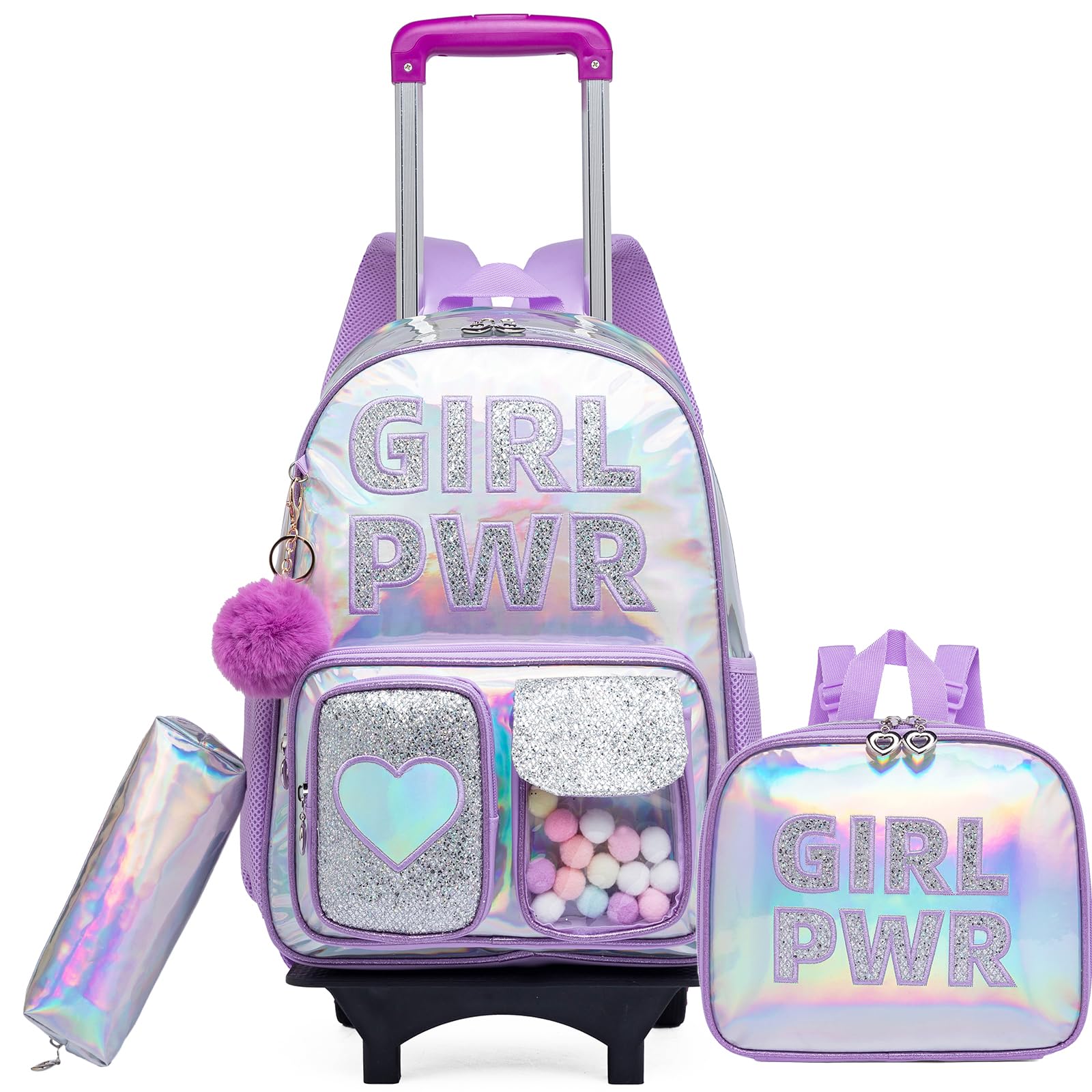 Girls Rolling Backpack for School Backpack with Wheels For Girls 8-12 Bookbag with Lunch Box Pencil Case