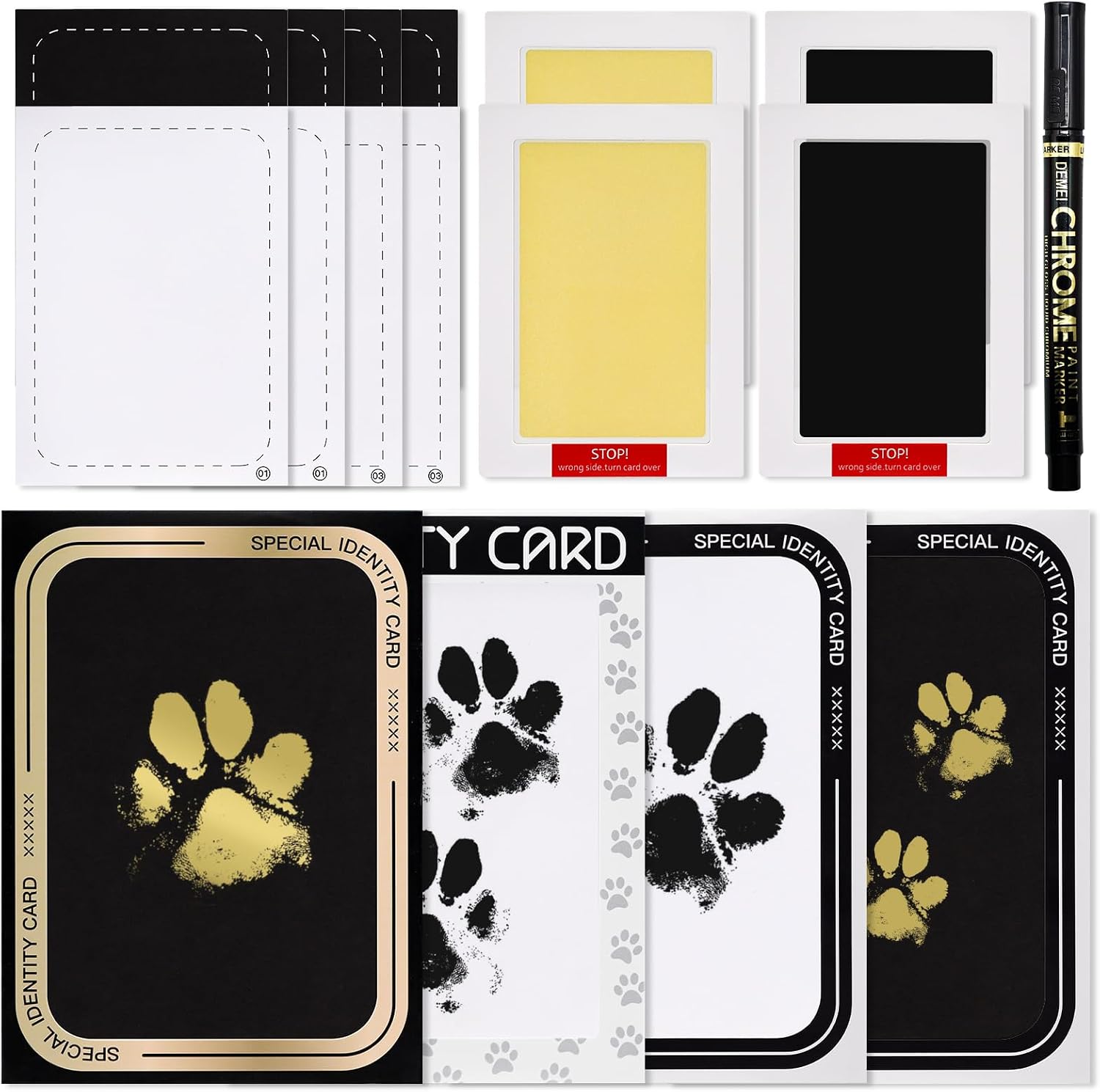 Clean-Touch Paw Print Kit for Dogs & Cats, Inkless Paw and Nose Print Set - Mess-Free Ink Pad Keepsake with Frames for Pet Memories(4 Pack/Small/Golden)