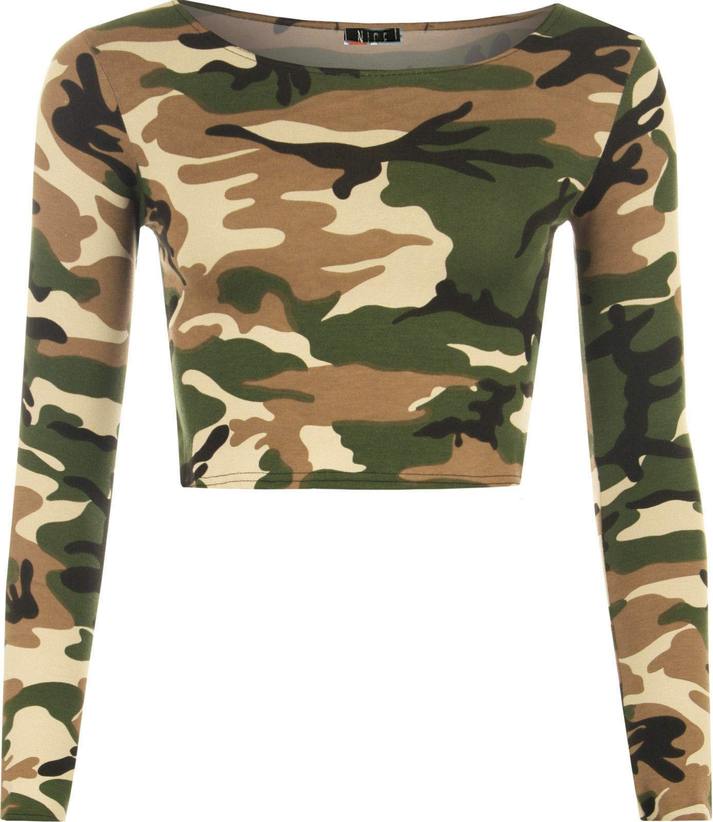 GOSTYLES® Womens Plain & Printed Long Sleeve Crop Top Shirts, Ladies Round Neck Cropped Short T-Shirt (Army Print, S-M)