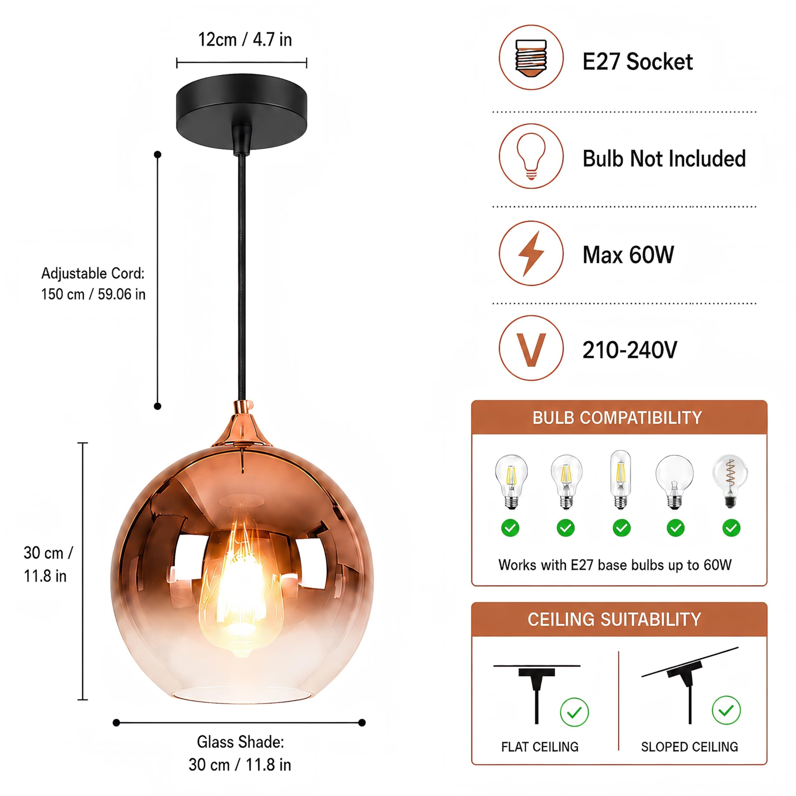 Suspension Vintage en Verre, Abat-Jour Boule Électroplaqué, Lampe Suspendue E27, Câble Réglable 150cm, pour Îlot de Cuisine, Salle à Manger, Chambre, Café (Or rosé, 30CM)