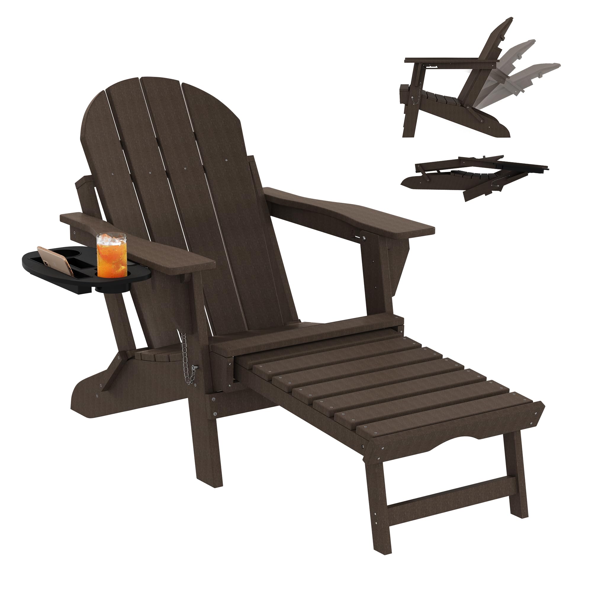 Aoxun Grey Adjustable Adirondack Chair, HDPE Weatherproof Outdoor Recliner Chair with Retractable Footrest, Cup & Phone Holder, Ergonomic Slatted Garden Armchair for Patio, Lawn, Balcony, Brown