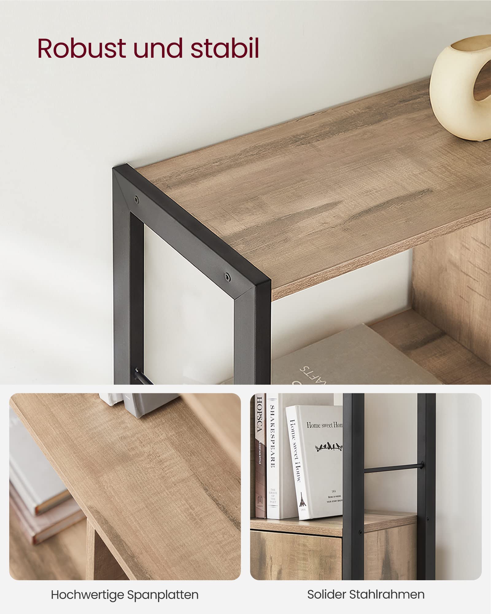 VASAGLE Bücherregal mit 4 offenen Regalebenen Stahlgestell Industrie-Design Kamelbraun-tintenschwarz LBC022B50