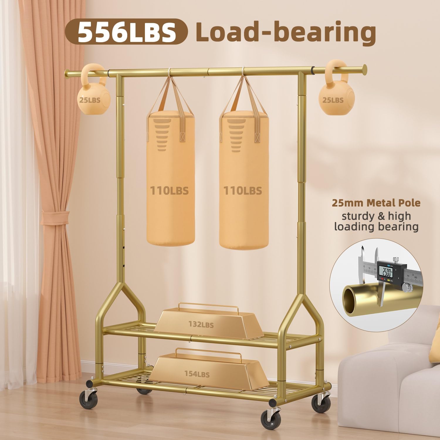 eagmak heavy duty clothes rack load 556 lbs, rolling clothing rack with shelves, height adjustable metal clothes hanger with wheels portable wardrobe organizer garment rod for hanging clothes (gold) gold 2 shelves