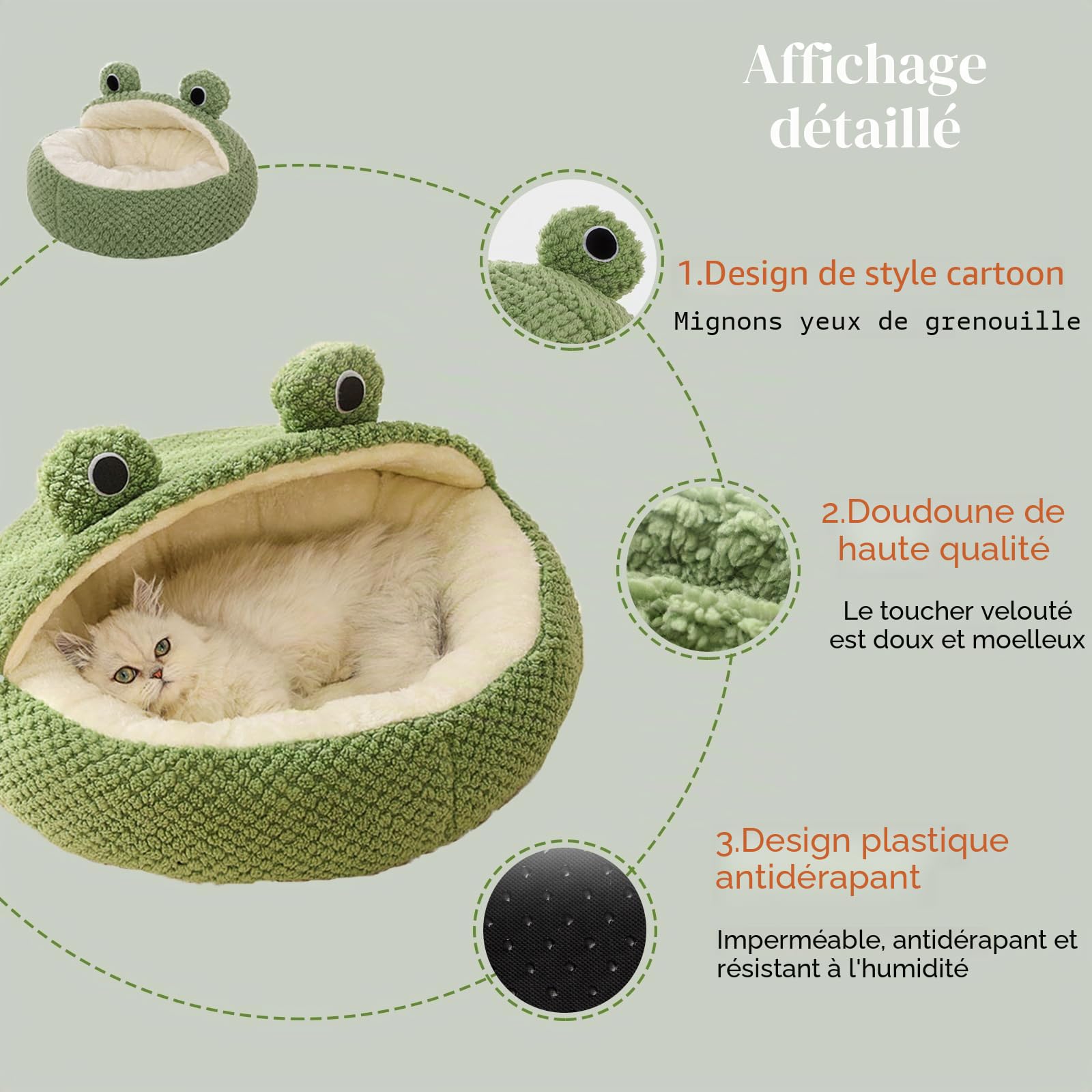 Lit pour chat - Coussin pour chat - Panier en forme de donut - Chaud et doux - En forme de grenouille avec dessous antidérapant - Beau lit pour chats et petits chiots (taille M - 50 cm