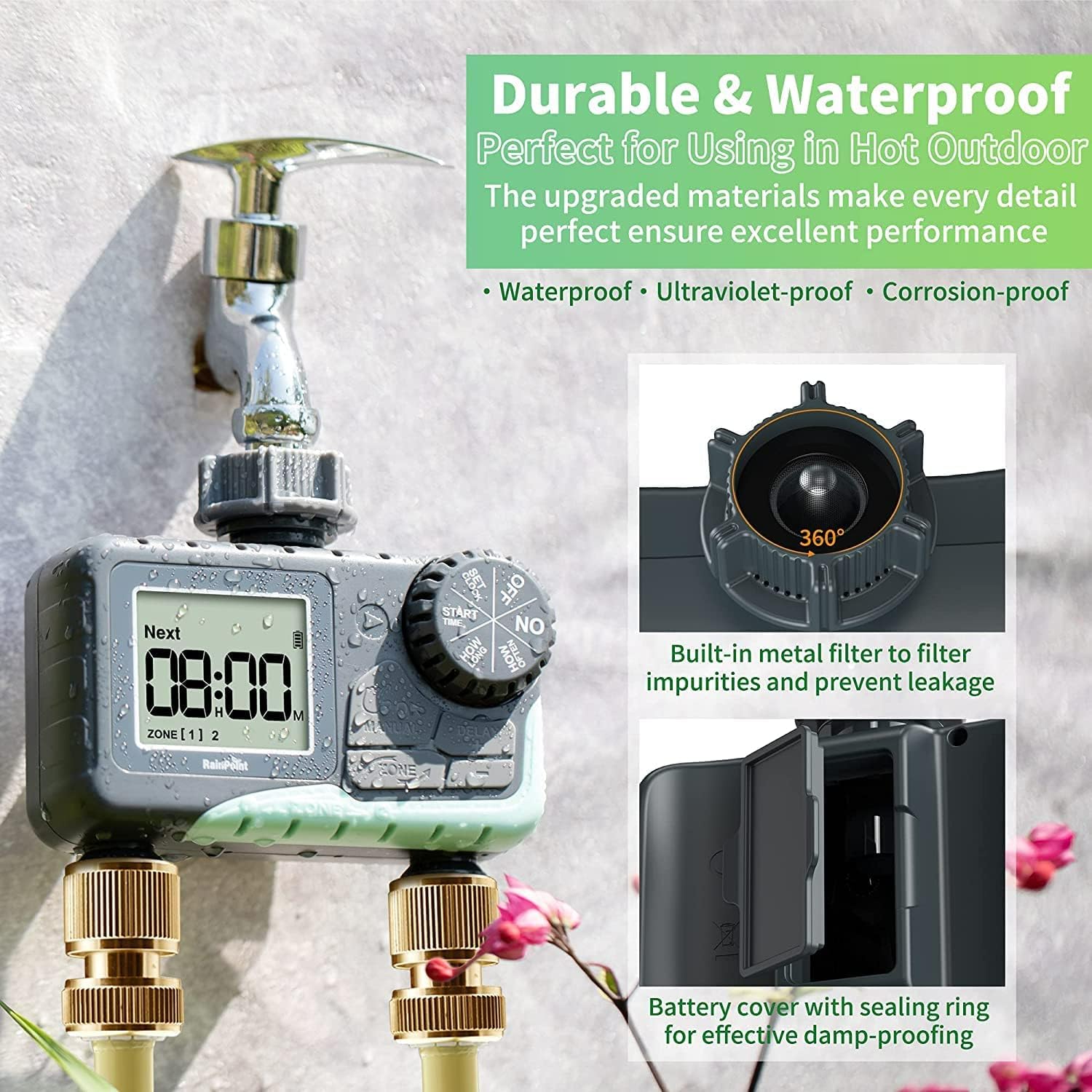 RAINPOINT Sprinkler Timer showing battery compartment