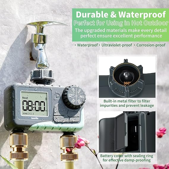 RAINPOINT Sprinkler Timer, Programmable Garden Hose Timer for Outdoor Faucet, Digital Water Timer with Rain Delay/Manual/Automatic Watering System, Waterproof Irrigation Timer for Patio Lawn,2 Outlet