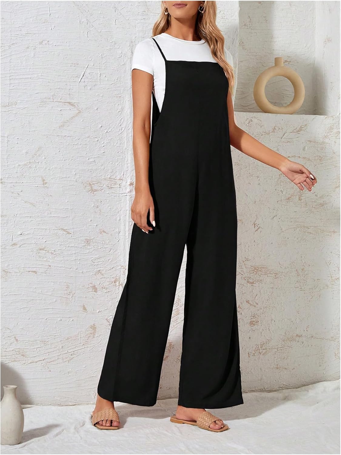 OYOANGLE Women's Wide Leg Cami Jumpsuits Spaghetti Strap Square Neck Dressy Long Pants Romper - Image 5