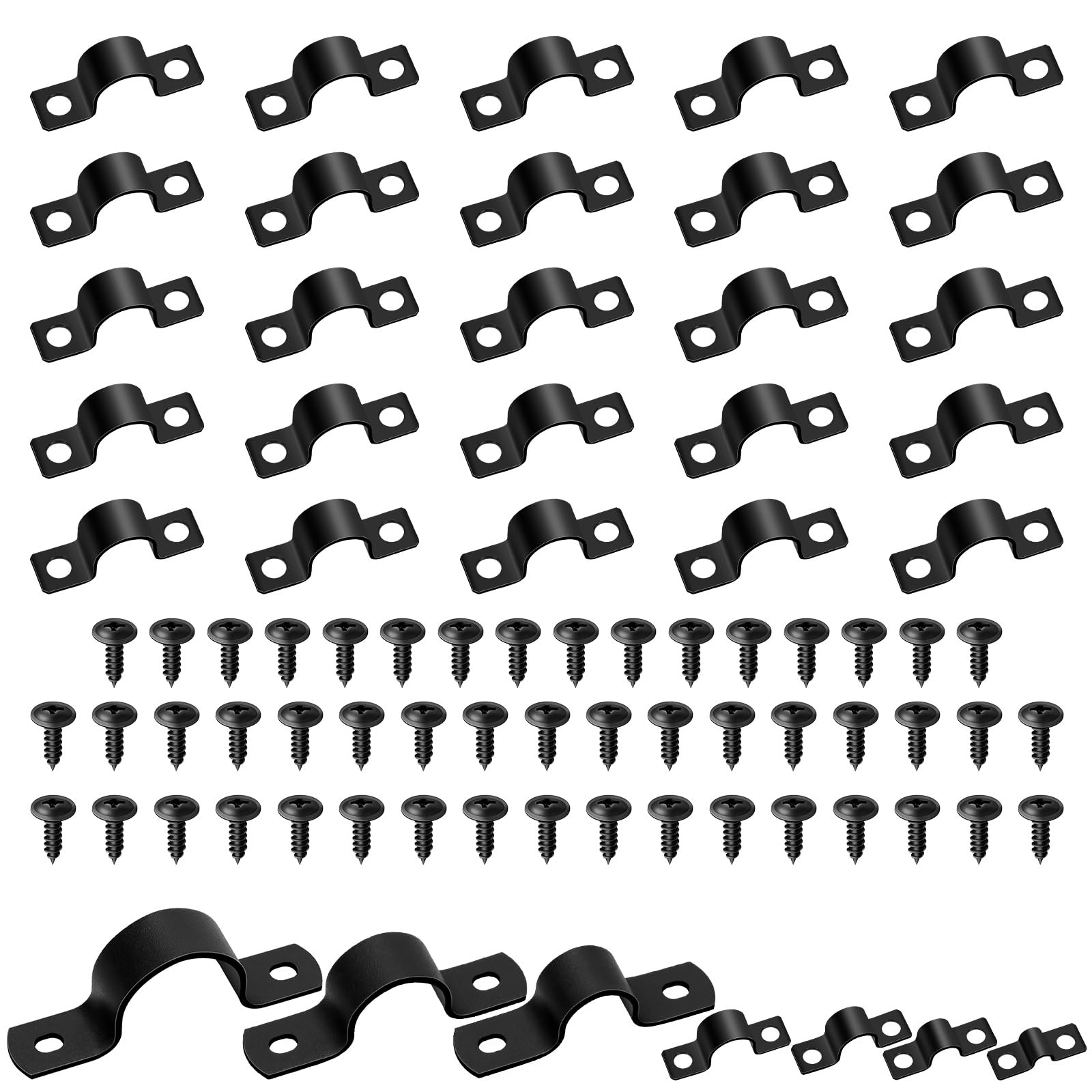 Mardatt 25 Set 12mm Two Hole Pipe Strap Clamp, Carbon Steel Rigid U Bracket Clamps U-Tube Strap Clamp Conduit Clamps with Self-Tapping Screws for Pipe Fixing, Black