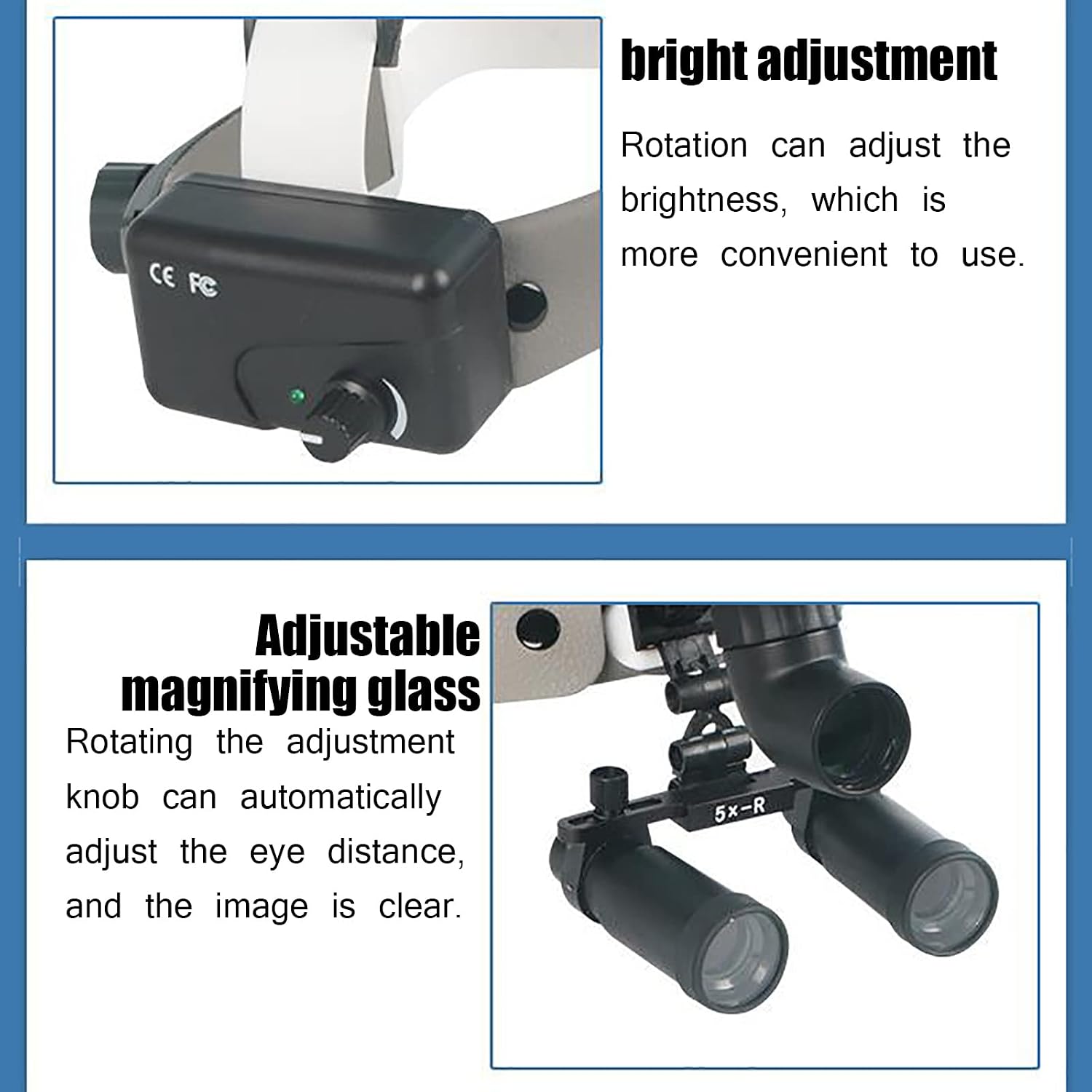 Head-Mounted Dental Loupes, 5X Adjustable Surgical Medical Magnifying Glass, Adjustable Angle and Brightness, Concentrated Light, Used in Hospitals, Outpatient Clinics, Stomatology, ENT
