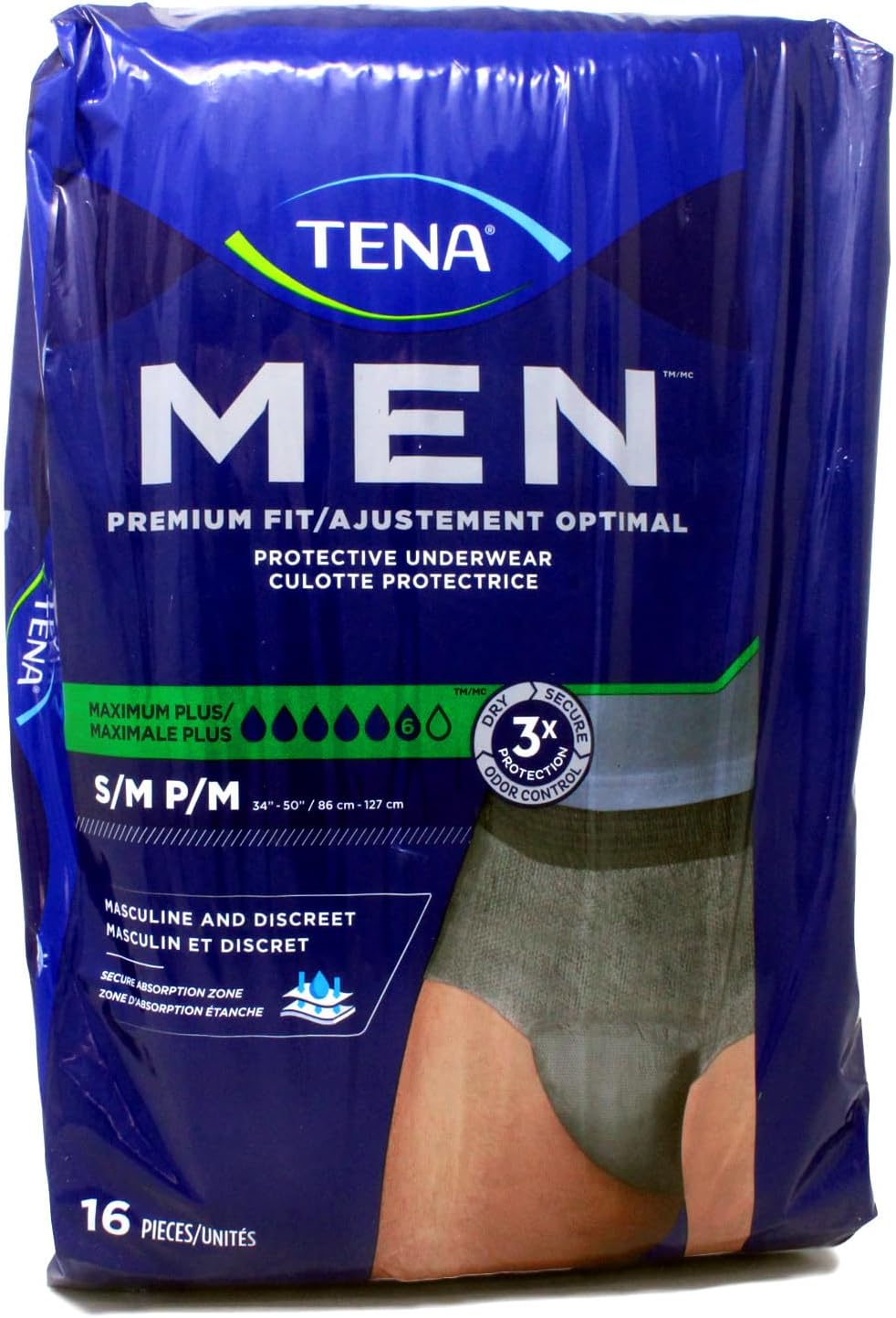 TENA Men Super Plus Protective Underwear, Incontinence, Disposable, Heavy Absorbency, Small/Medium, 16 Count