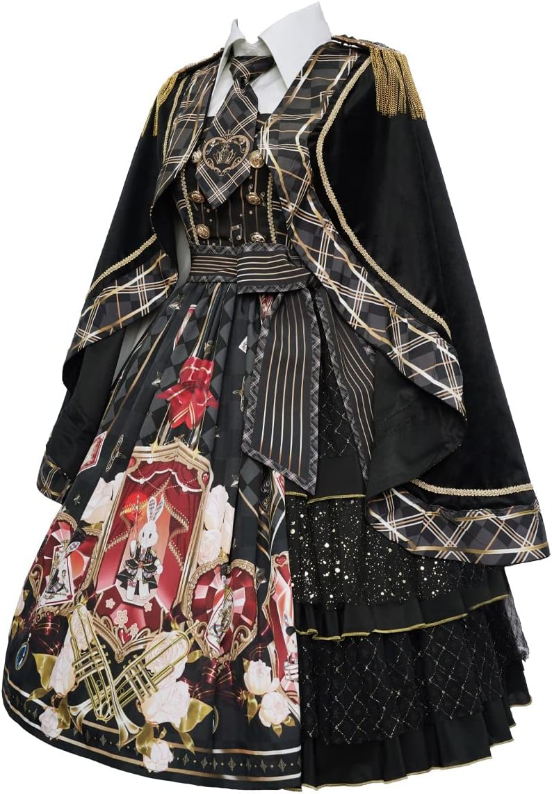 Mingyuezai Women's Gothic Dress Set Cute Printed Princess Dress Halloween Party Costume 3 Pieces