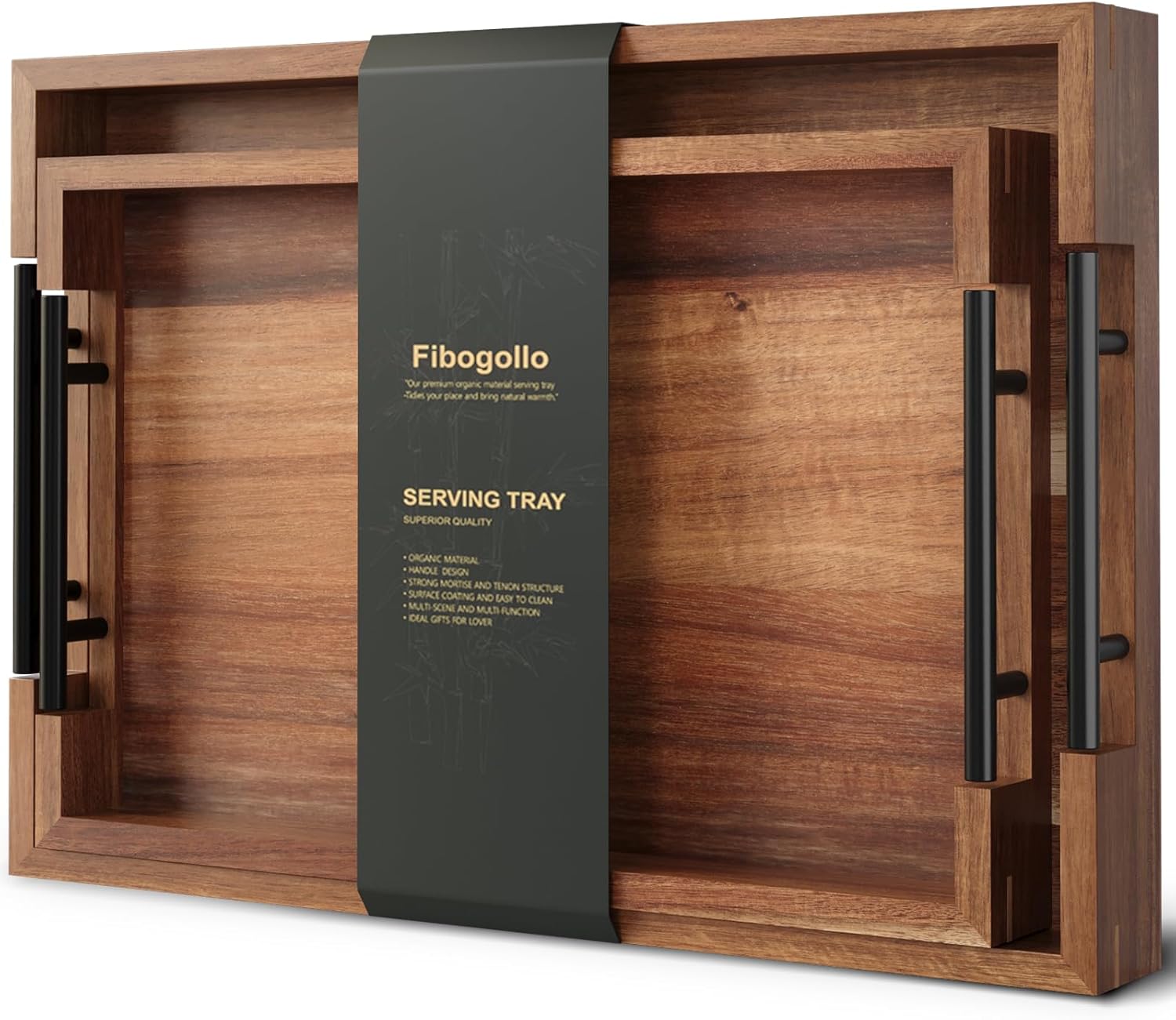 Acacia Wood Set of 2 Serving Tray with Metal Handles,Ottoman Decorative Trays Platter for Coffee Table,Living Room,Bar,Party