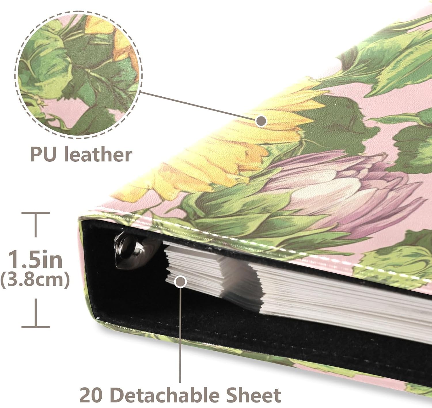 JIPONI Sunflowers 3 Large Photo Album, DIY Leather Cover Scrapbook Albums for 4x6 5x7 6x8 Pictures, Self Adhesive Memory Book for Wedding, Baby, Family