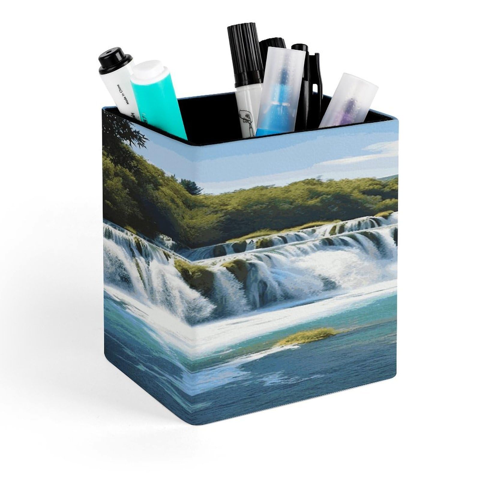 Waterfalls on Krka River Pencil Holder for Desk Square Leather Pen Holder Cup Desktop Organizer Multi-Functional Pencil Cup Holders Modern Decorative Desk Organizer Caddy Makeup Brush Holders