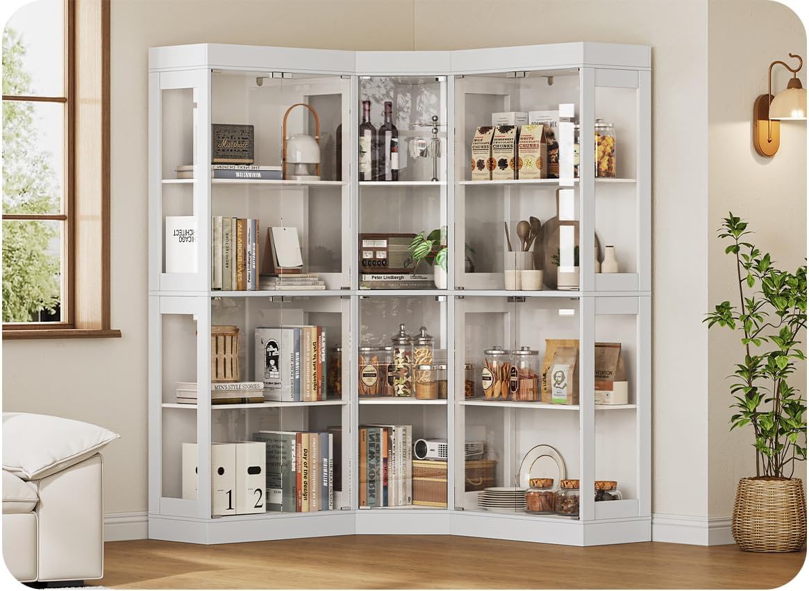 70.1" Large Corner Cabinet with Glass Doors,4 Tiers L-Shaped Storage Cabinet with 8 Shelves & Top Guard Rail，Corner Bookshelf for Living Room, Office, Kitchen，White