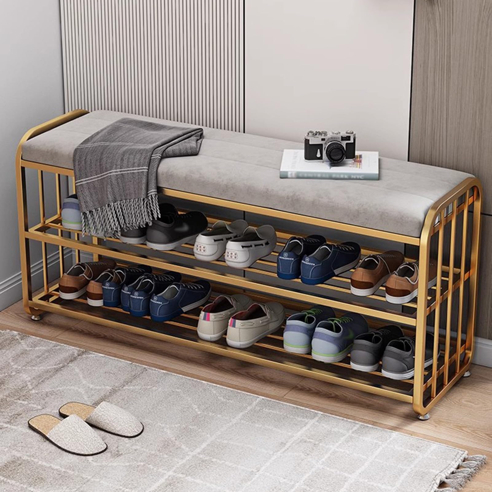KAMPCO Banco de Almacenamiento de Entrada con Asiento Acolchado de Terciopelo, Zapatero, Marco de Metal Dorado, Banco otomano para Pasillo, Sala de Estar y baño