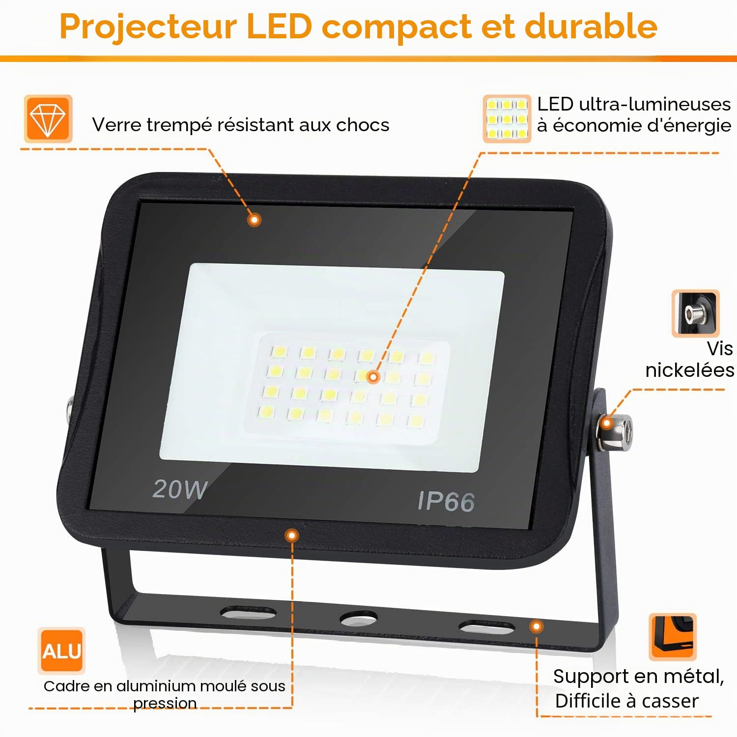 Projecteur LED Exterieur, 5PCS 20W Lampe de Sécurité Super Lumineux 1700LM 6000K Blanc Froid, IP66 Etanche Projecteur de Paysage Extérieur pour Garage Cour Patio (Sans prise)