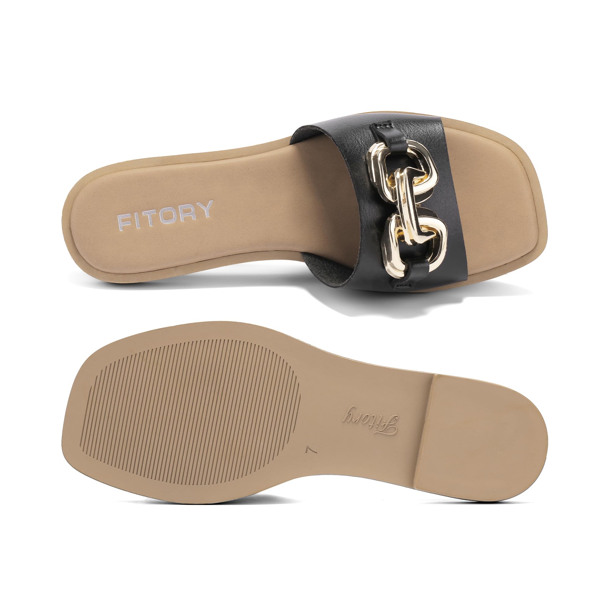FITORY Women's Flat Sandals Fashion Slides With Soft Leather Slippers for Summer Black Size 7