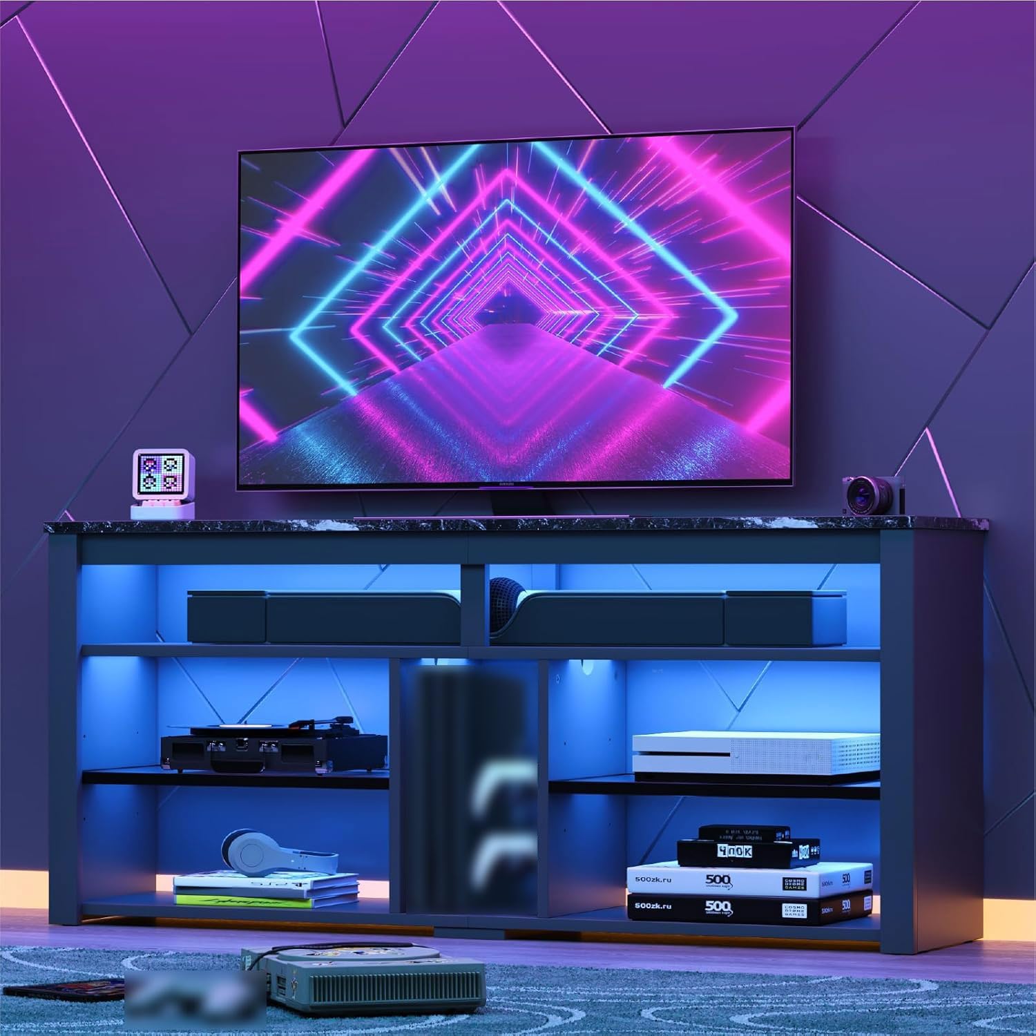 Bestier Mobile TV alto per TV da 65", mobile porta TV con contenitore PS5, console TV LED con ripiano regolabile per soggiorno, marmo nero