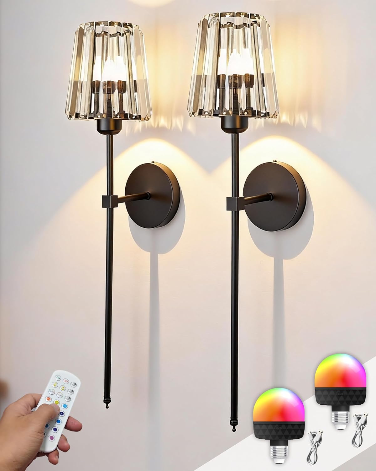 Battery Operated Wall Sconces Set of 2, Modern Black Crystal Wireless Lights with Remote, 5000mAh Rechargeable (20H Run), Dimmable RGB & 3 Color Modes, Ambient Wall Decor for Bedroom Living Room