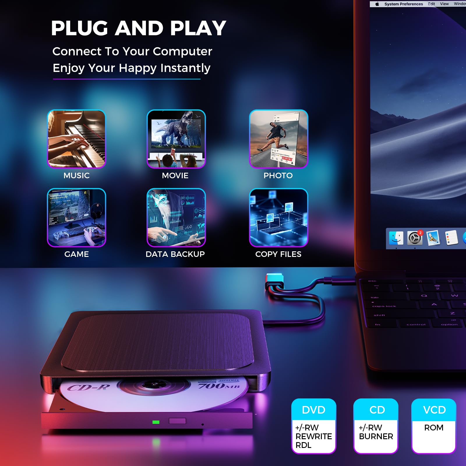 BHHB Lettore DVD Esterno con Finitura Metallica Spazzolata USB 3.0 - Masterizzatore CD/DVD±RW, per Mac e Windows PC, Lettore/Scrittore DVD ROM Compatibile con Laptop, Desktop, Mac, Windows 11/10/8/7