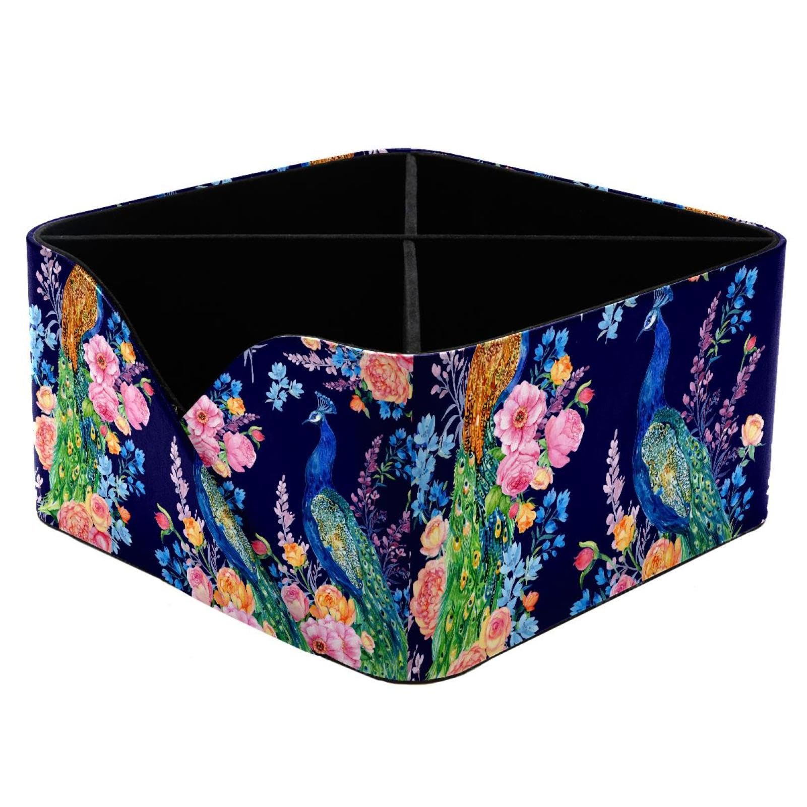 KengjuTesu Peacocks and Flowers Pattern Desktop Organizer Pen Holder, Rectangular Pencil Cup for Office, Study and Makeup Stations