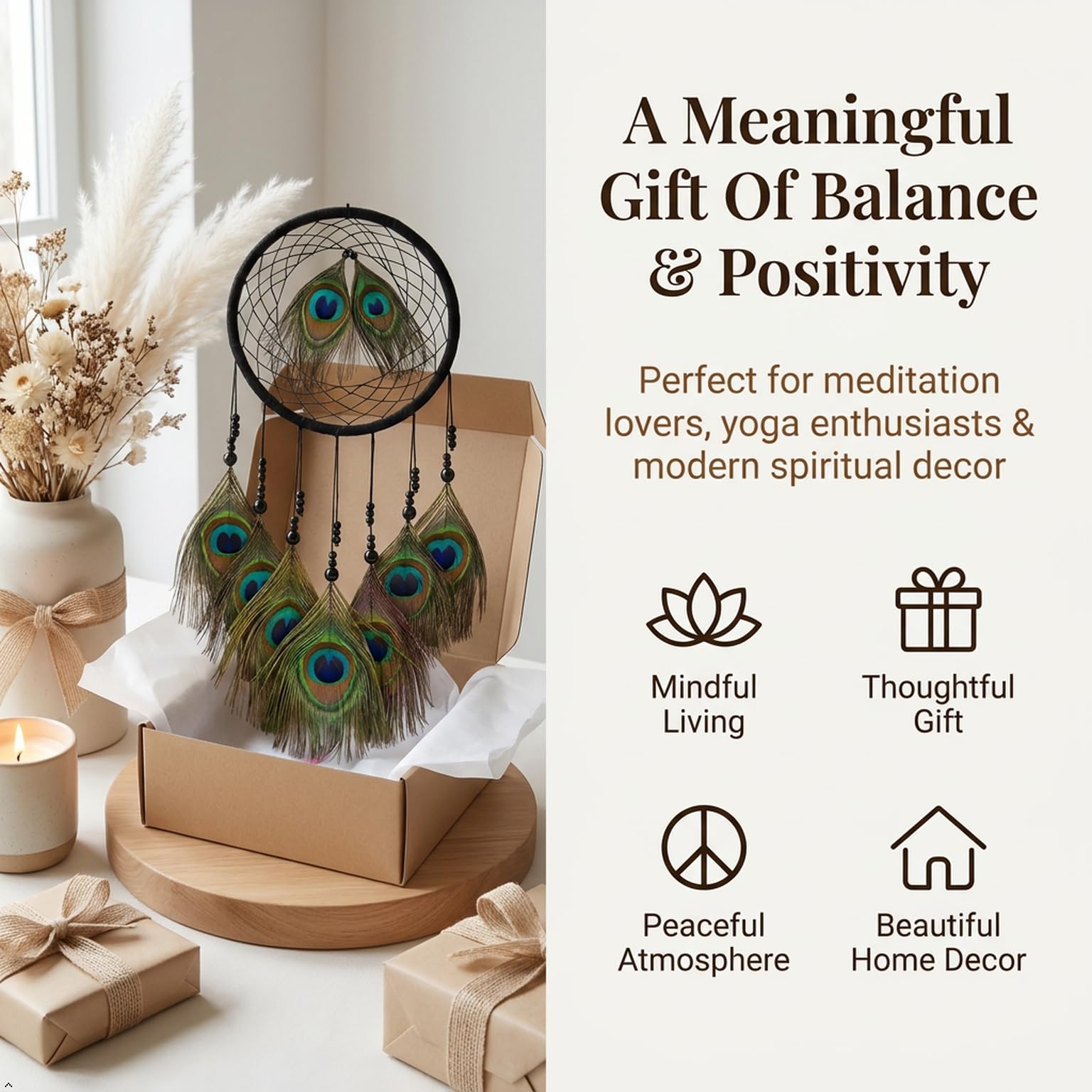 THE URBAN ARTISTIC Handcrafted Peacock Feather Dream Catcher Wall Hanging - Wooden, Bedroom Living Room Decor, Positive Energy, Multicolor Natural Feathers, Diwali Housewarming Gift, 45x18cm, Black 2