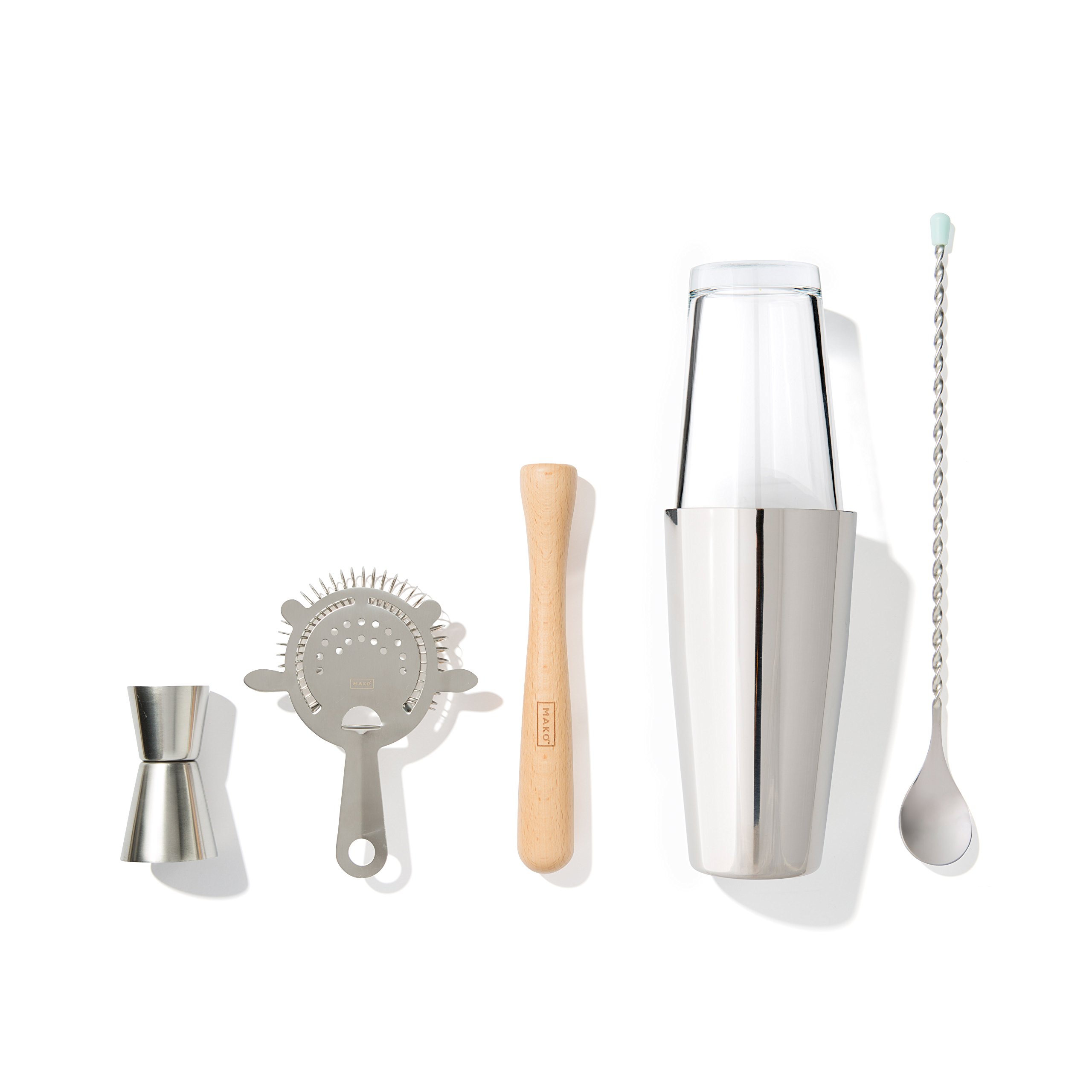 MAKO Bar Essentials Set with Boston Shaker, Stir Stick, Jigger, Muddler & Strainer