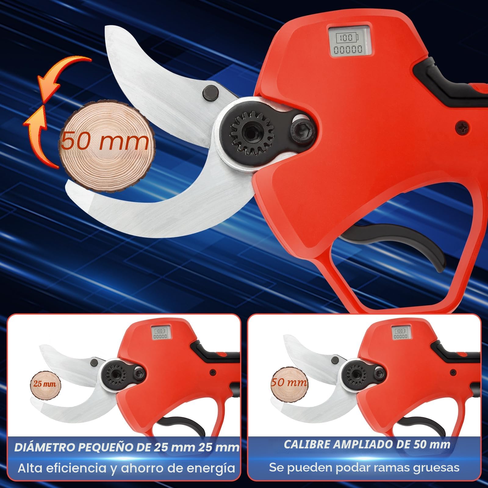 50mm Tijeras De Podar Electricas con 2 metros perca telescópica: Tijera podar telescopica 50-25mm Ajustables Hoja SK7 con 2 baterías de 21 V/2000 mAh - Tijeras de Podar Bateria Jardinería Olivos