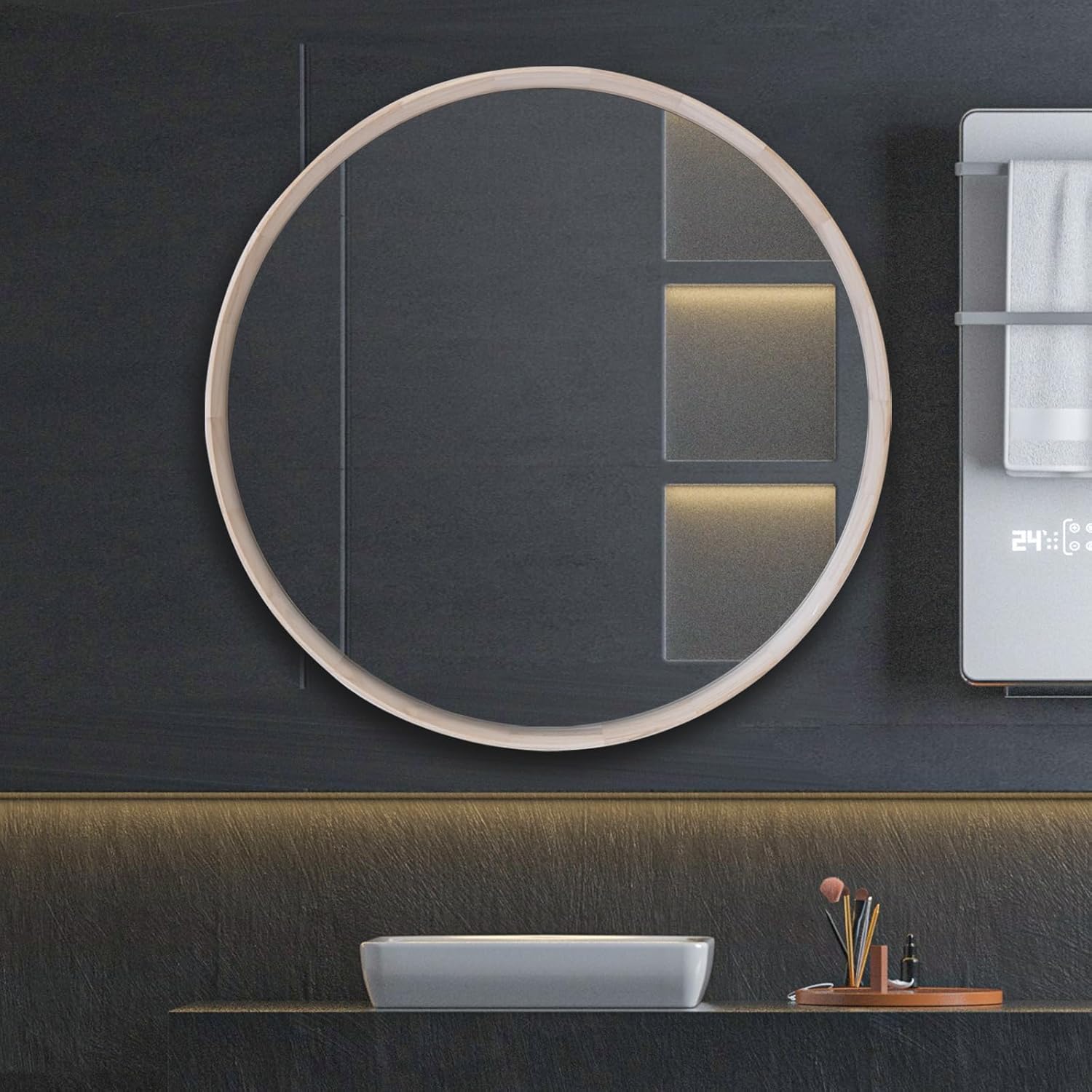 Brown Wood Round Mirror, 24 Inch - Perfect for Bathroom or Nursery Wall Decor