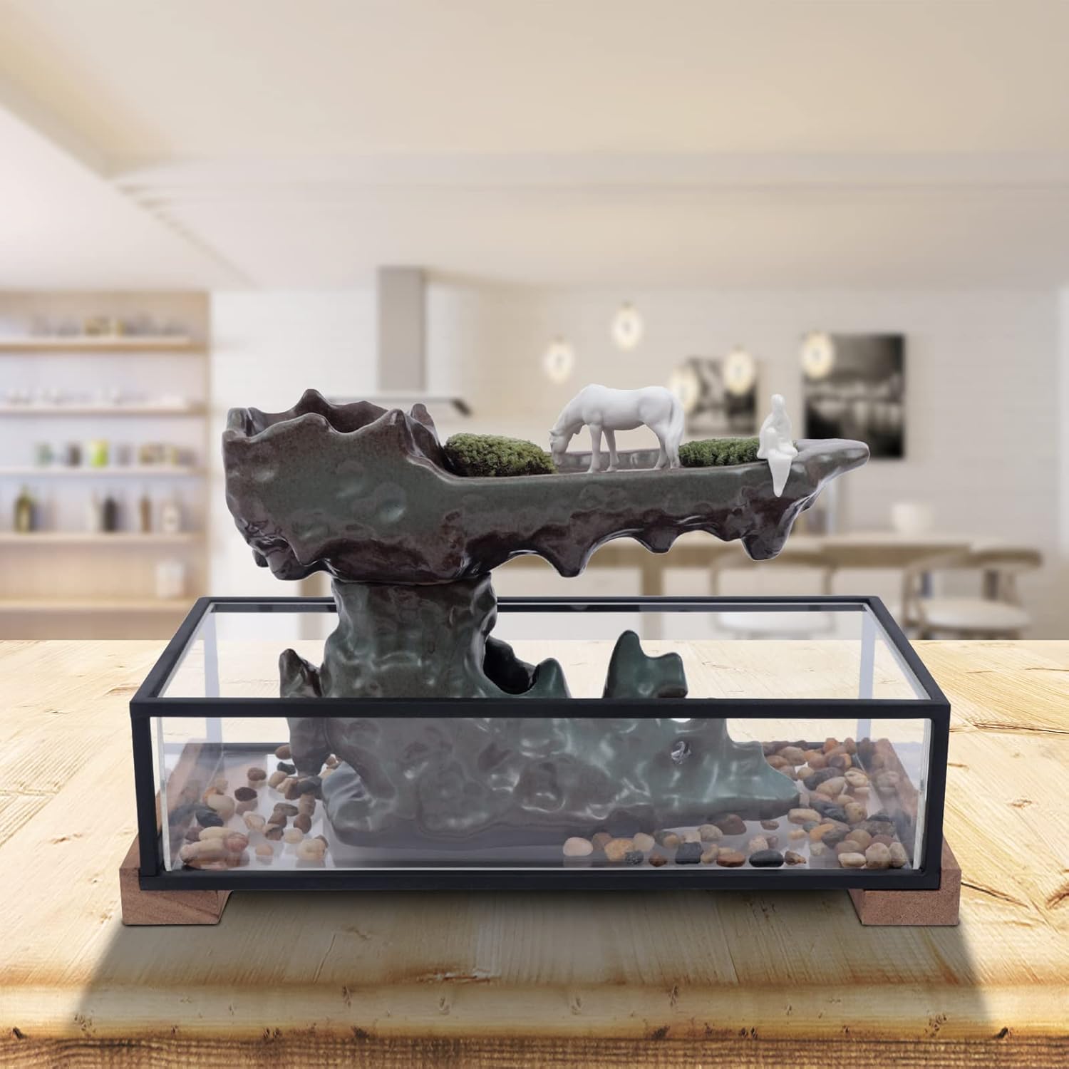 Tabletop Water Fountain with Aquarium and Rockery, Indoor Water Fountains Retro Tabletop Fountain for Meditation Room, Conference Room 16.9 x 8 x 8.1 Inch Blue Gray