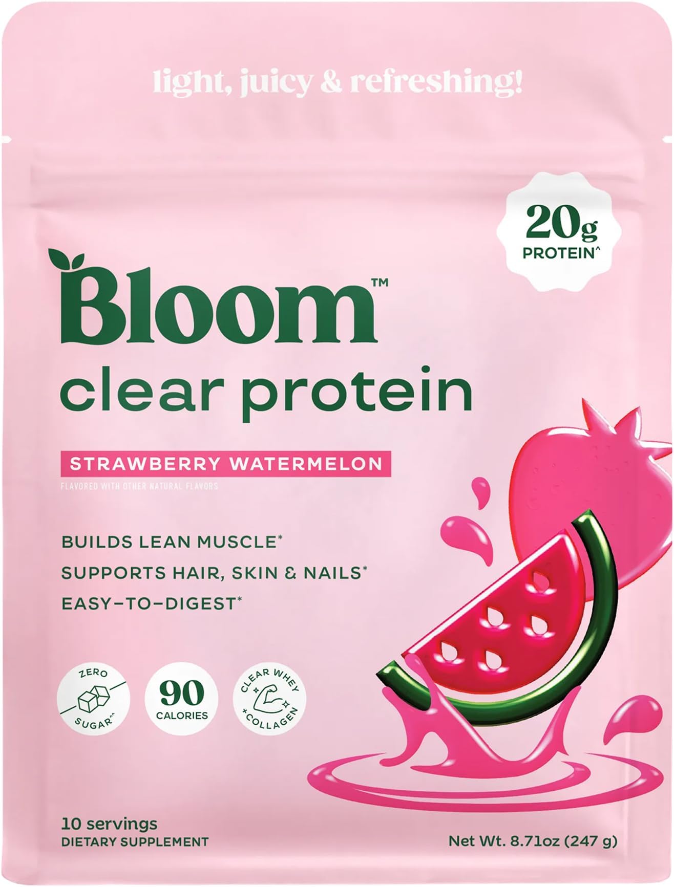 Bloom Clear Protein, Whey Protein Isolate with Collagen Peptides and Digestive Enzymes, 20g Protein, Sugar Free Post Workout Drink Mix, 90 Calories, Strawberry Watermelon, 10 Servings