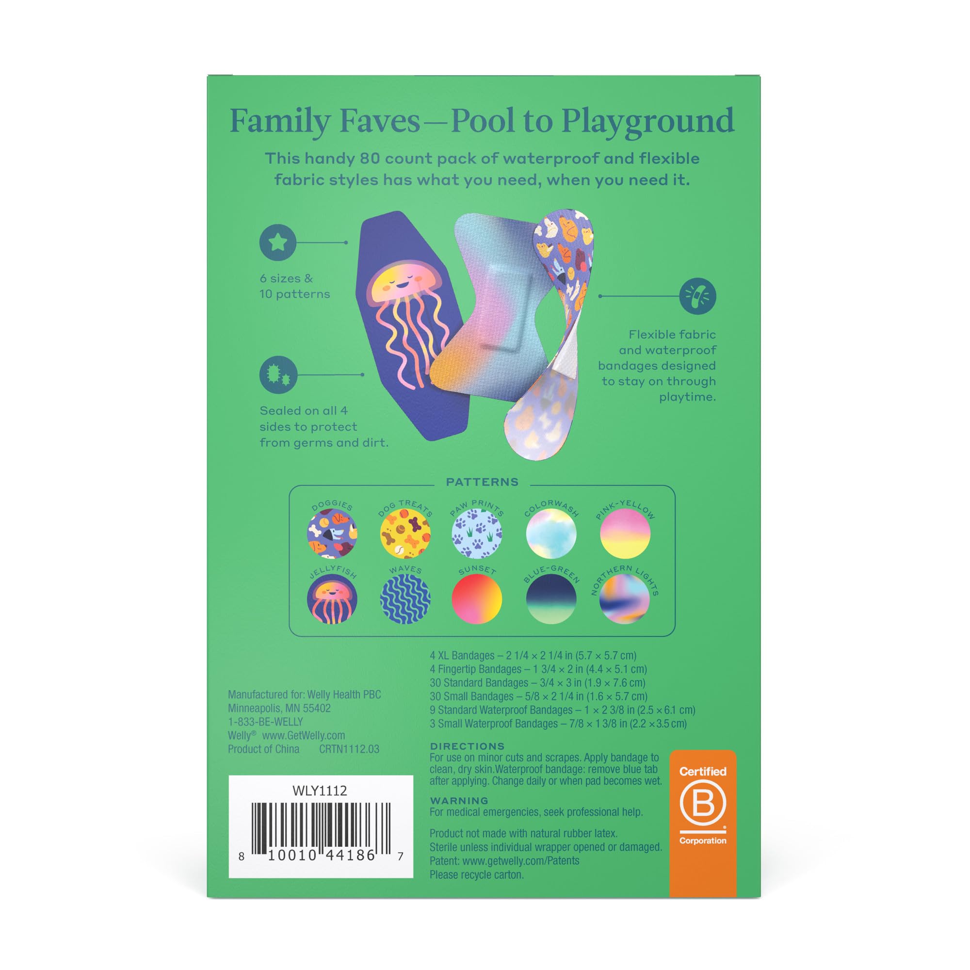 Welly Bandage Family Pack | Adhesive Flexible Fabric & Waterproof Bandages | Assorted Shapes and Patterns for Minor Cuts, Scrapes, and Wounds - 80 Count