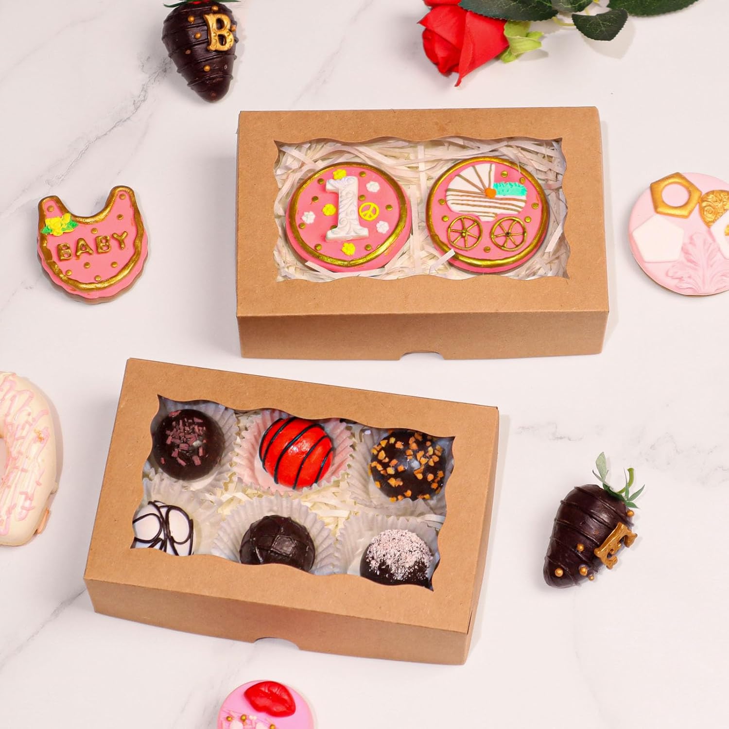 ROSPAKTEK 50pcs Brown Bakery Boxes 7x4.3x2 In - Perfect for Treats, Charcuterie & Festive Gifting (3 Major Holidays)