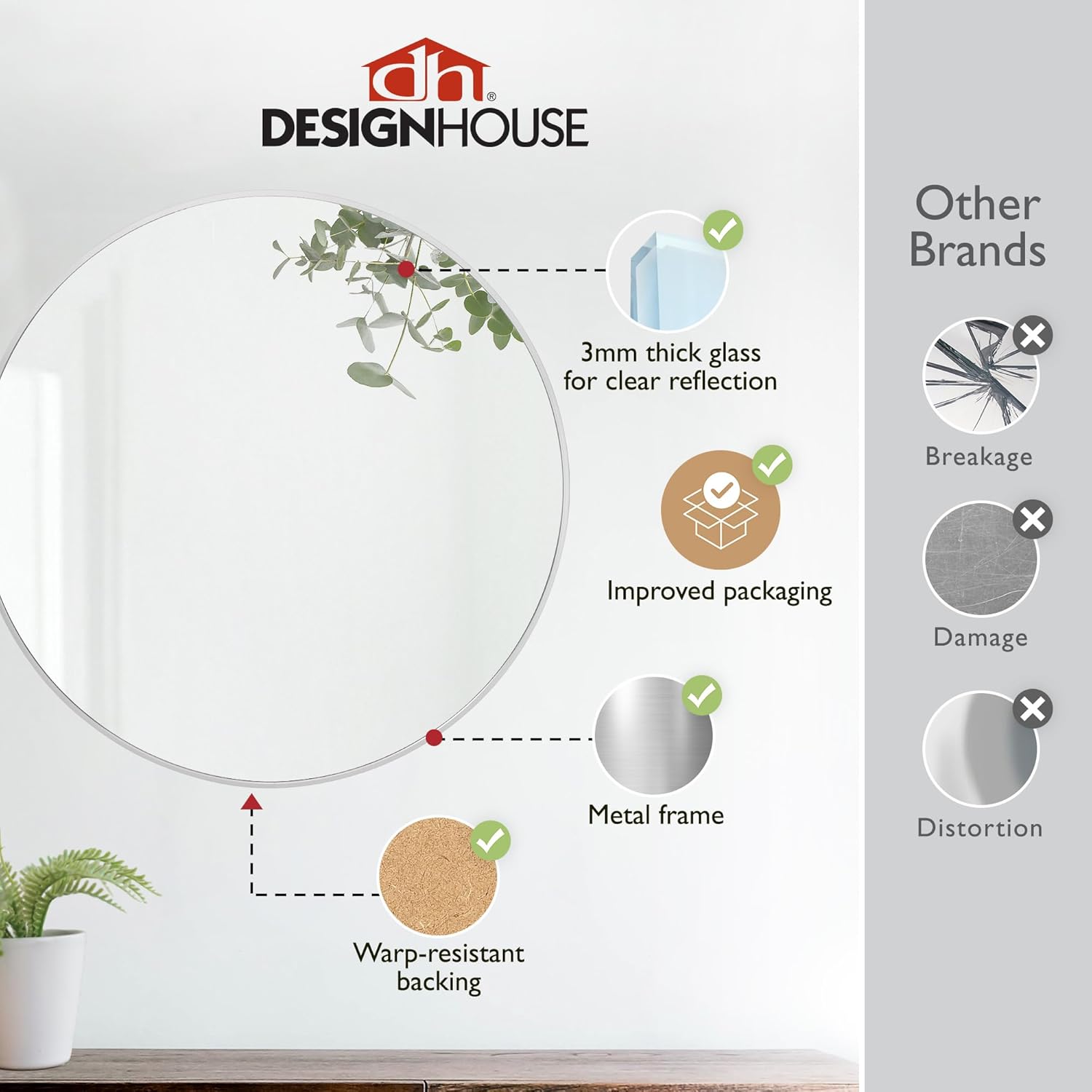 Design House Kenna Round Wall Accent Mirror – 28-Inch, Modern Metal Framed – Living Room, Bedroom, Bathroom Vanity Mirror – Silver – 2-Pack, 590034