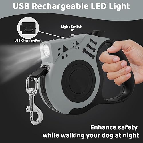 Miniatura 3 de Correa retráctil para perro de 16 pies con linterna LED para caminar por la noche, correa manos libres recargable por USB para perros pequeños y