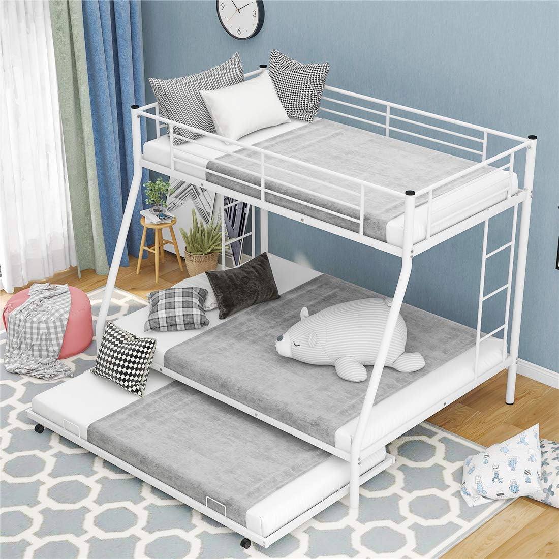 Metal Bunk Beds Twin Over Full Size, Heavy Duty Metal Bed Frame with Safety Rail Side Ladders for Dormitory Bedroom Boys Girls Adults (White)