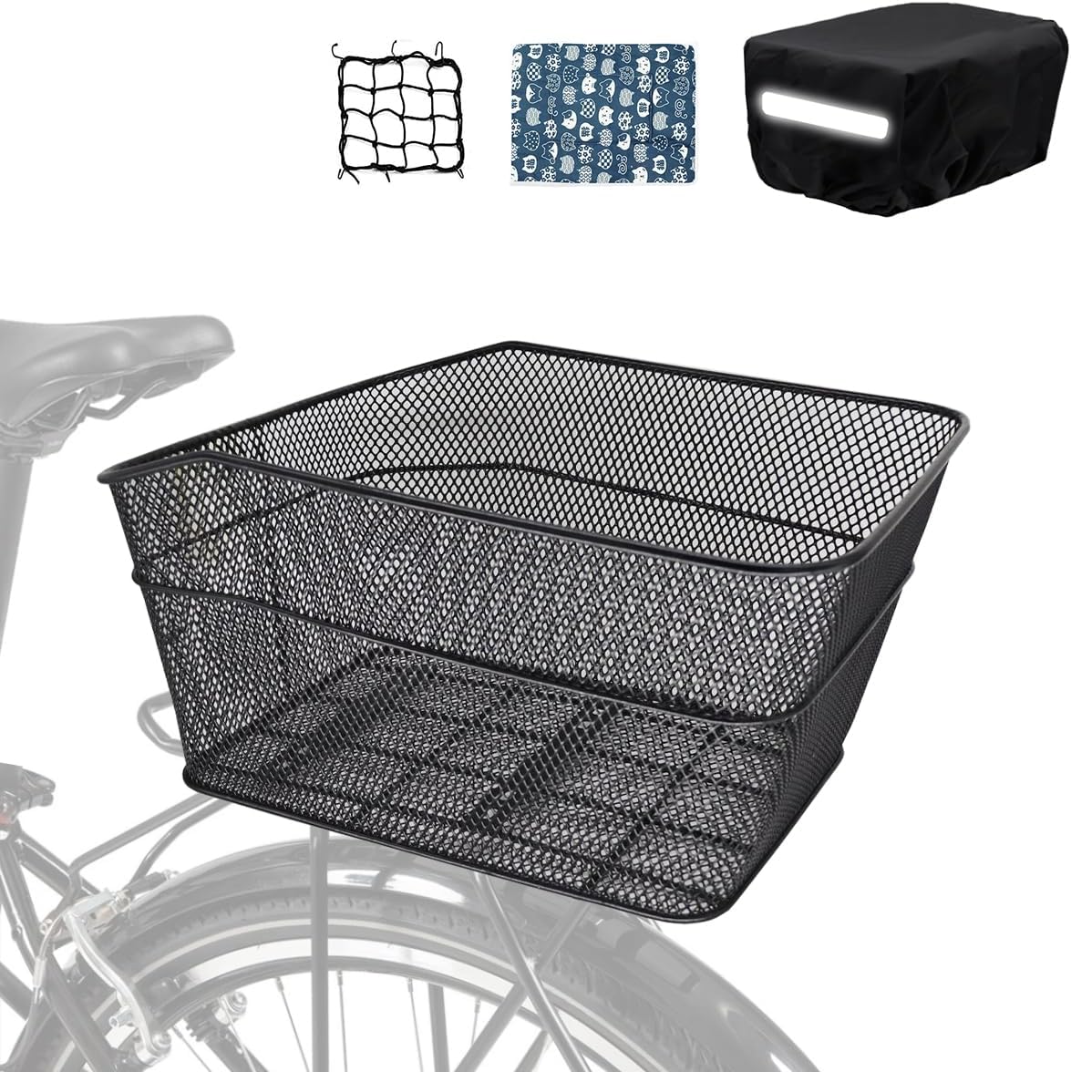 Bike Basket Rear, [Tool-Free Install], Bicycle Pet Basket for Back Cargo Rack, with Waterproof Cover, Cargo Net